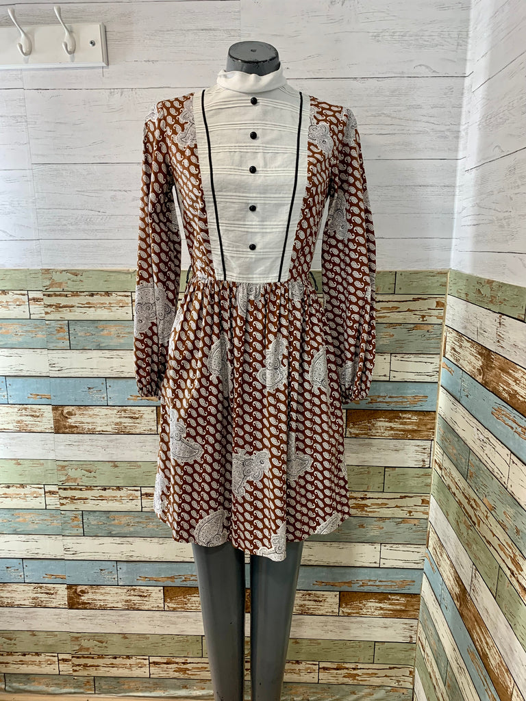 50s/60s Brown And White Paisley Print Dress - Hamlets Vintage
