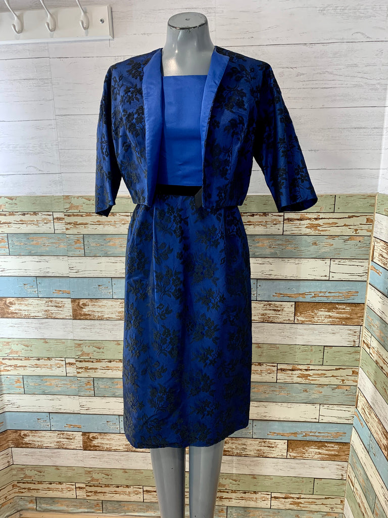 60s Black And Blue Lace Dress And Cropped Jacket Set - Hamlets Vintage