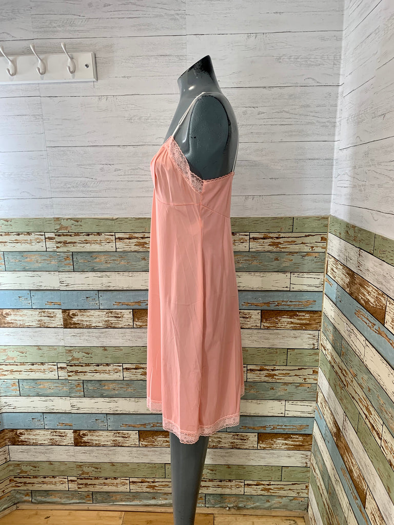 60s Salmon Pink Lace Trim Midi Slip Dress - Hamlets Vintage