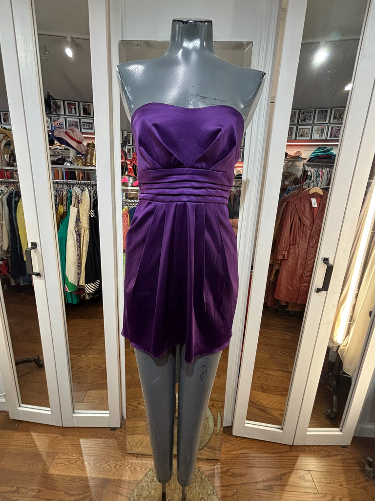 00’s Purple Strapless Mini Dress with Feathers - Hamlets Vintage