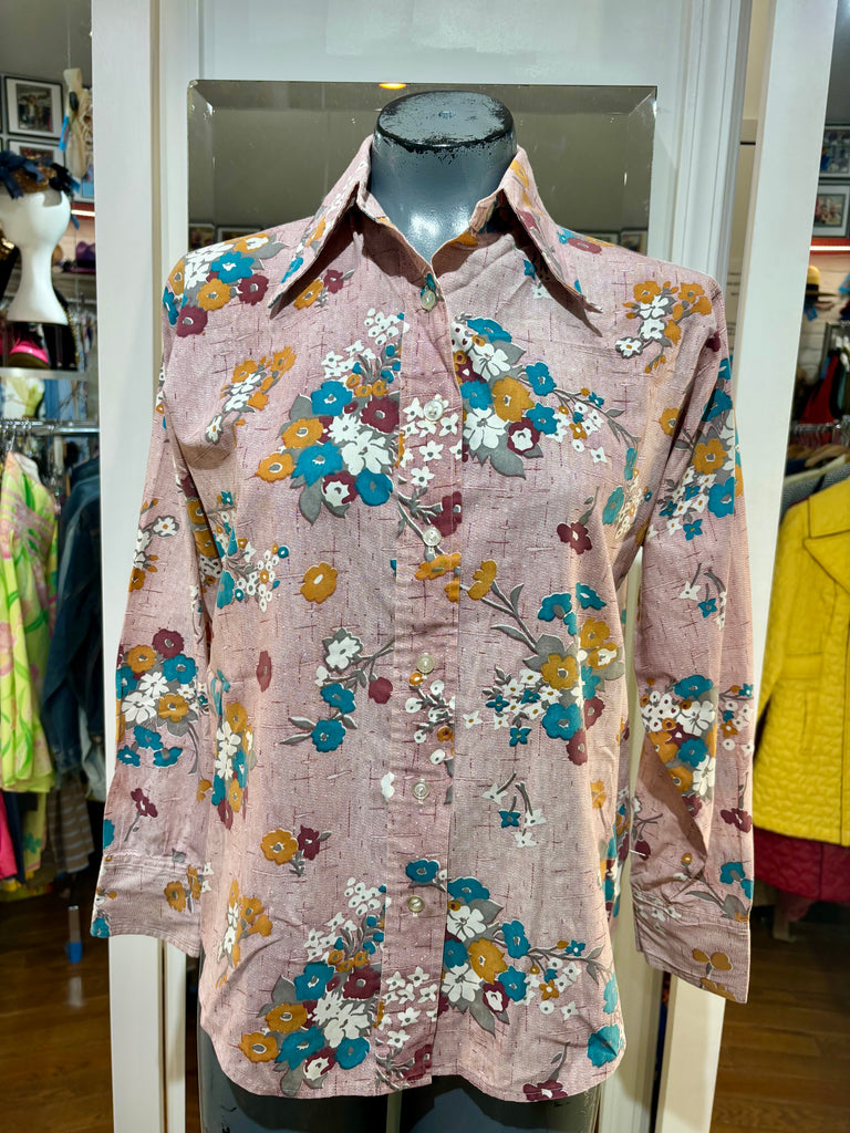 70s Red Blue, And Orange Floral Print Button Up Shirt - Hamlets Vintage