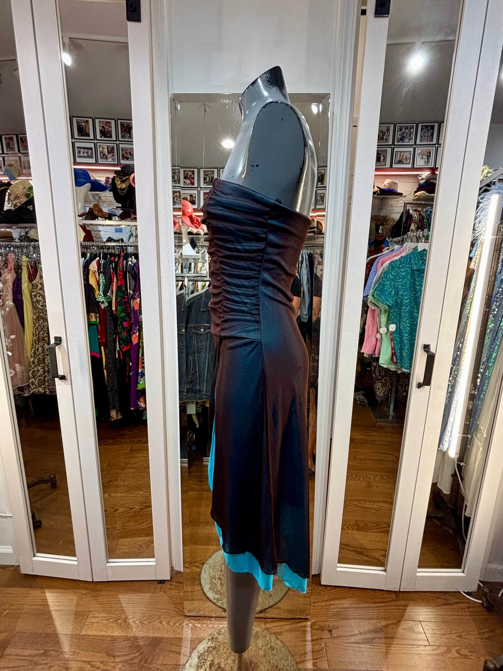 90's Black & Turquoise Strapless Double Layer Sheer Dress By I. N. San Hamlets Vintage 90's Black & Turquoise Strapless Double Layer Sheer Dress By I. N. San Hamlets Vintage