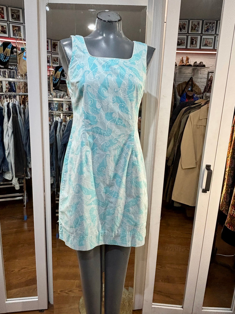 00's Revival 60's Pale Blue & off White Sea lion Print Summer Dress By – Hamlets Vintage