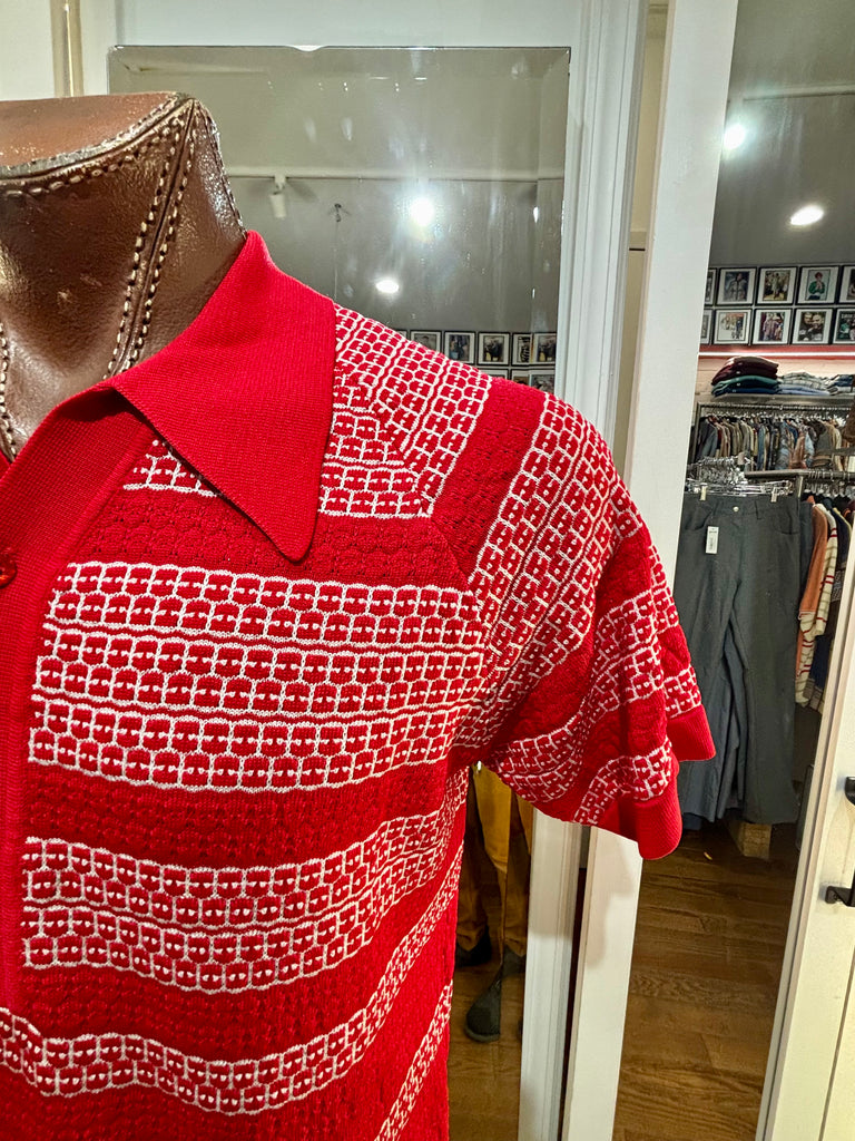 60's Red And White Texture Stripes Collared Knit By Donegal