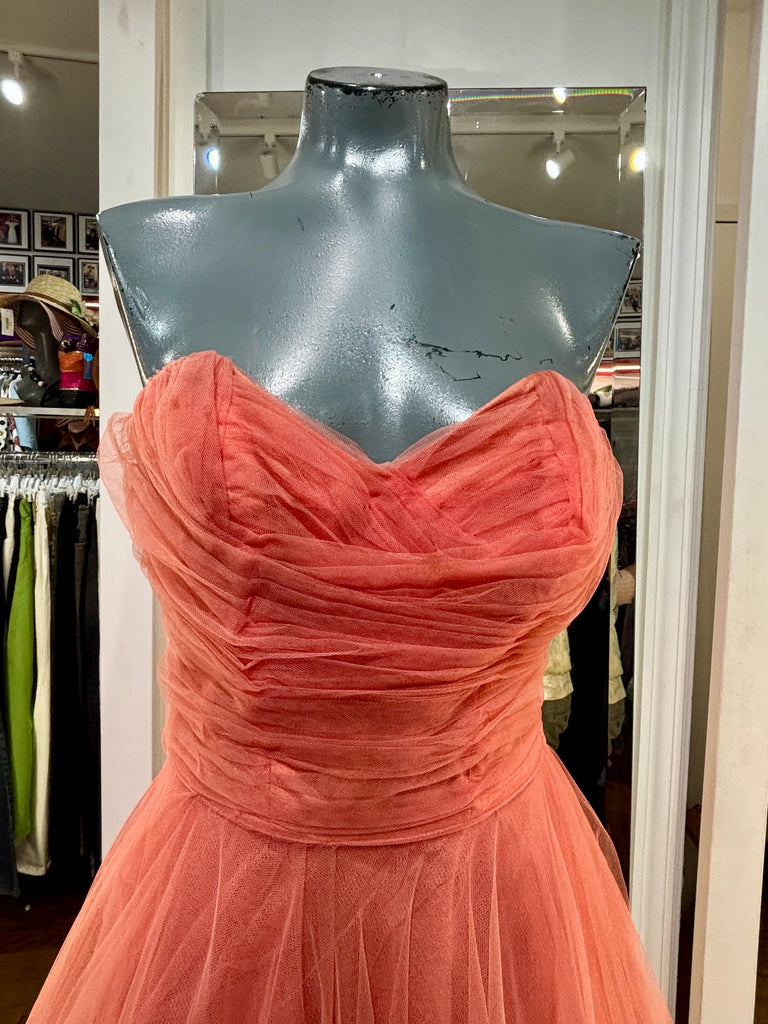 peach flare dress 60’s Peach Tulle Strapless Fit And Flare Dress