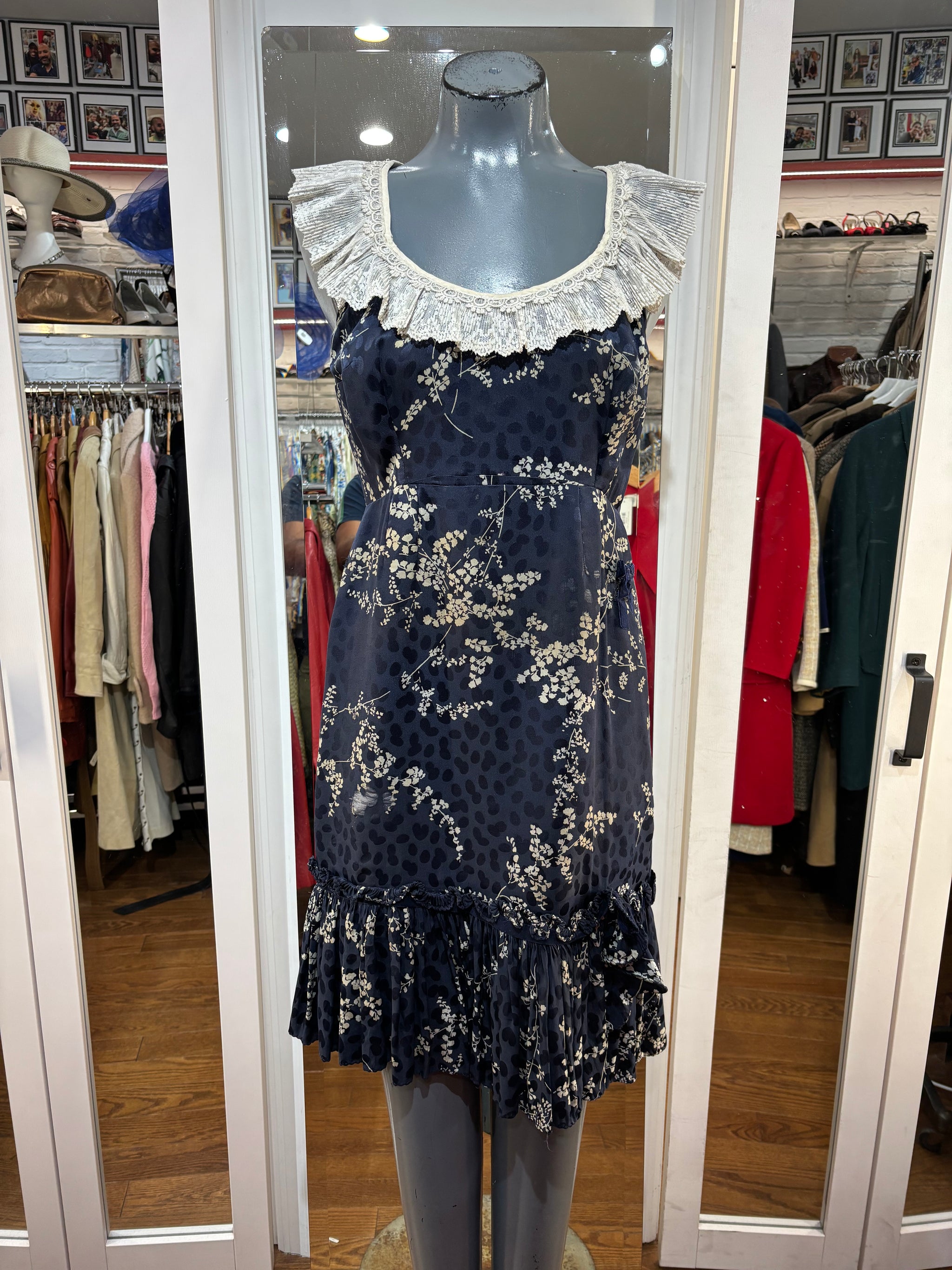 40s Navy Blue And Beige Floral Dress With Lace Collar  Hamlets Vintage
