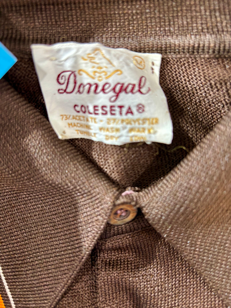 60's Beige And Brown Multicolor Stripes Collared Knit Short Sleeve