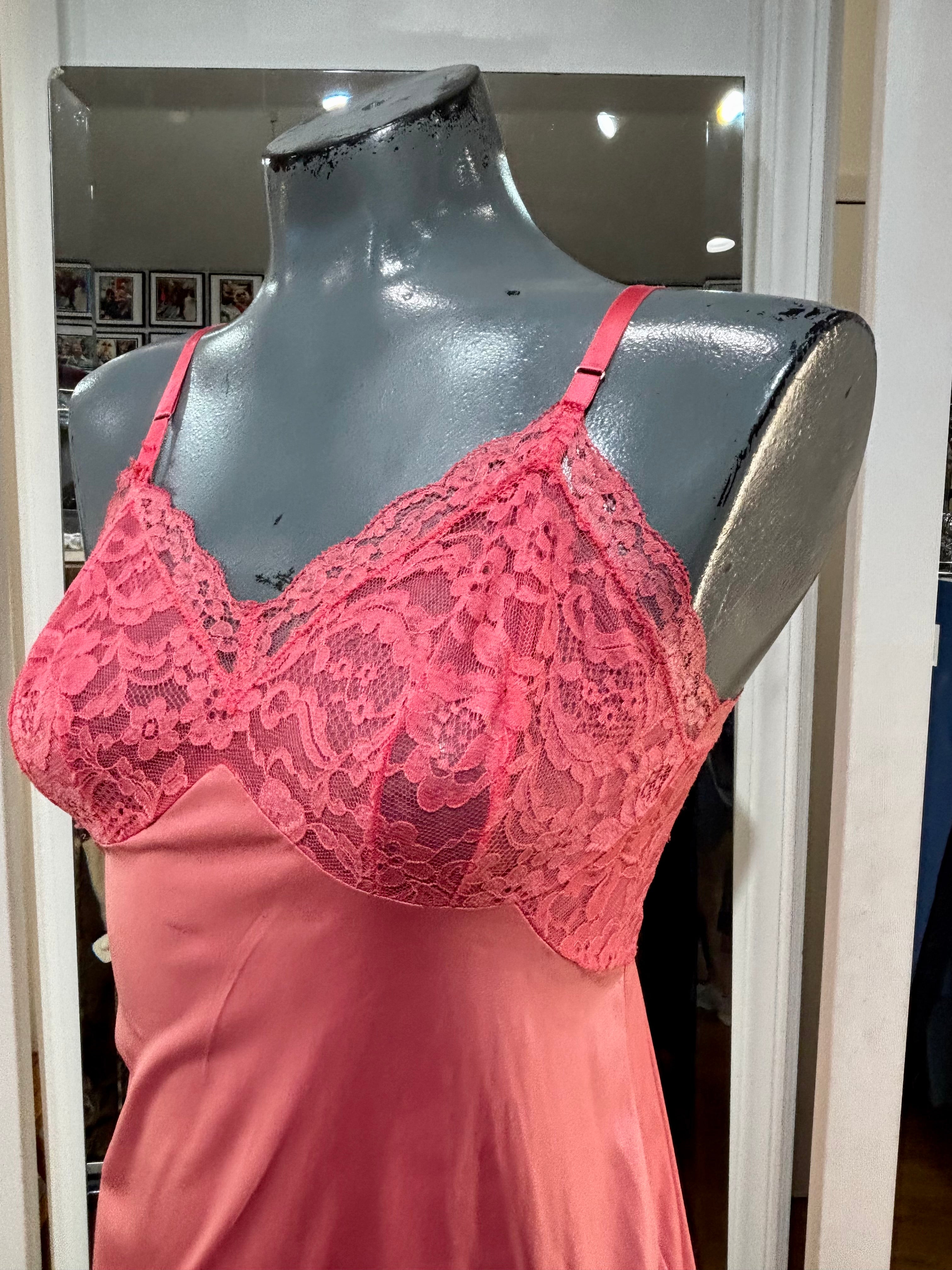 pink lace slip dress 60’s Pink Slip Dress With Lace Detailing