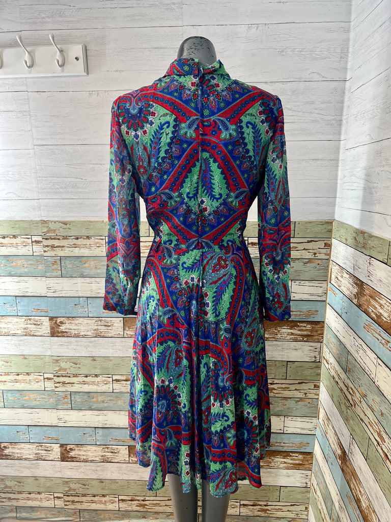 80s Green & Blue Multicolor Long Sleeve High Neck Dress By Schworm Mod Hamlets Vintage 80s Green & Blue Multicolor Long Sleeve High Neck Dress By Schworm Mod Hamlets Vintage
