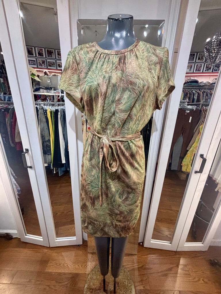 70's Brown And Green Brush Abstract Print Shift Dress – Hamlets Vintage