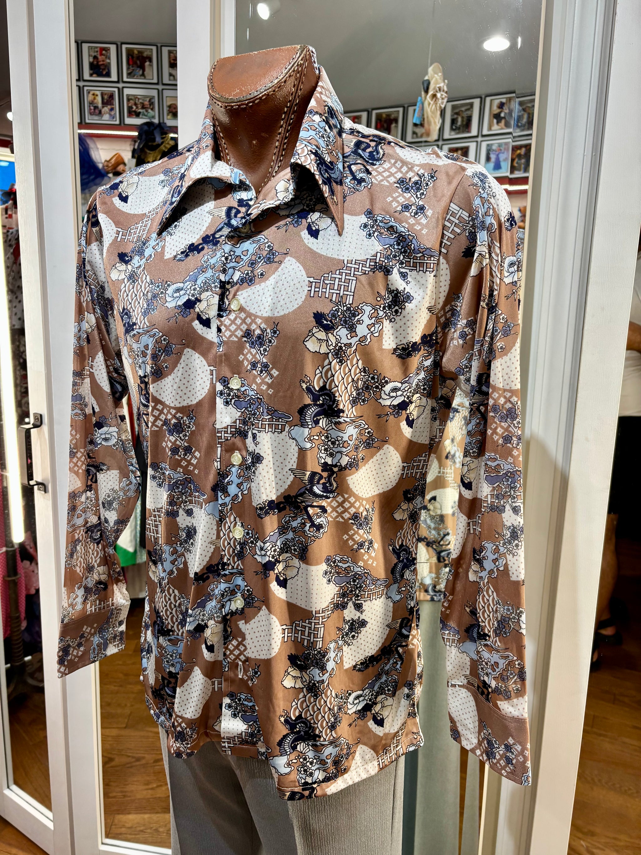 70s ヴィンテージ golden state フォトプリント ディスコシャツ 70's Off White Multicolor Asian Garden Print Disco Shirt By Oleg