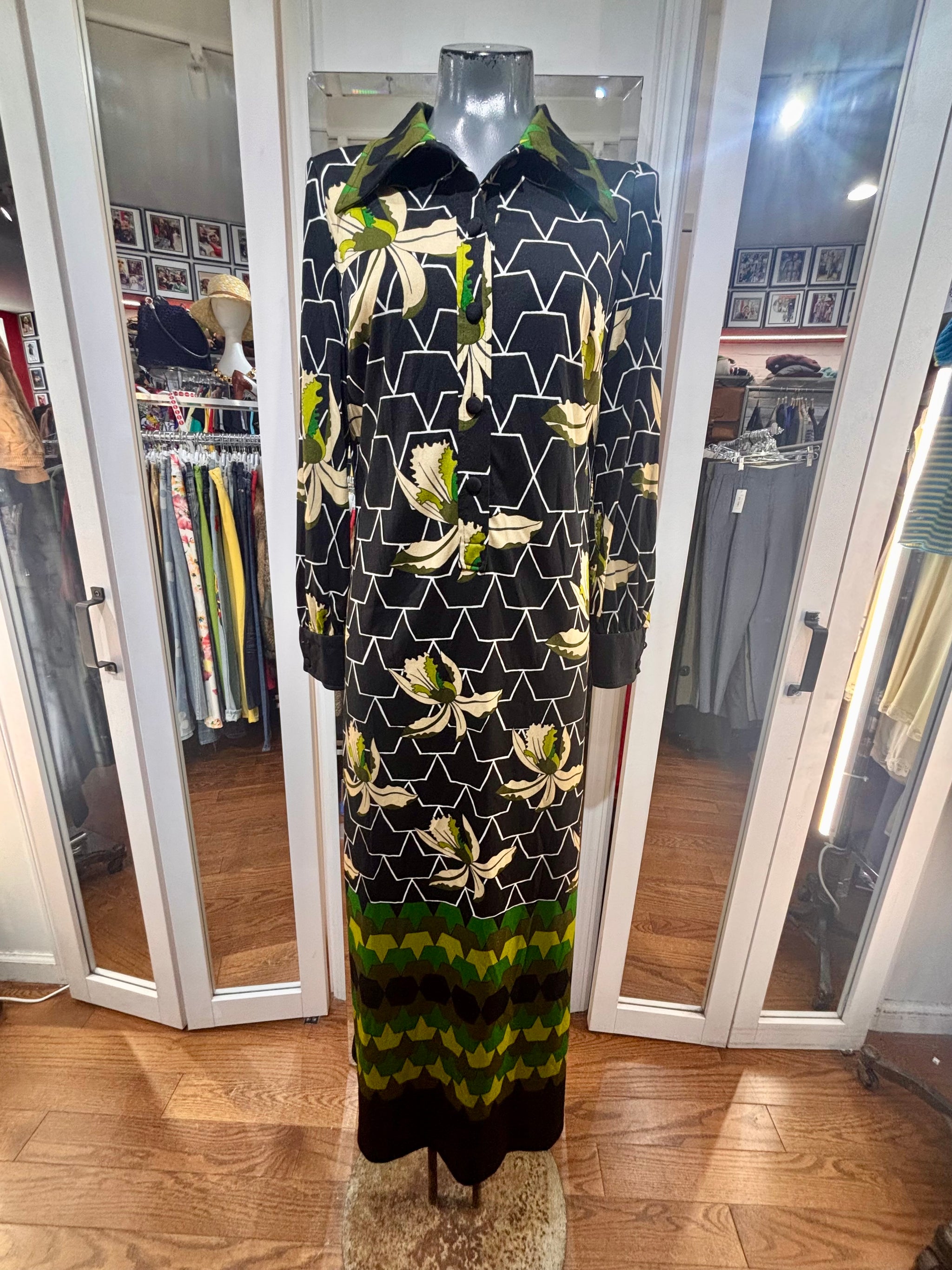 70's Black And Green Flowers Long Sleeve Maxi Dress
