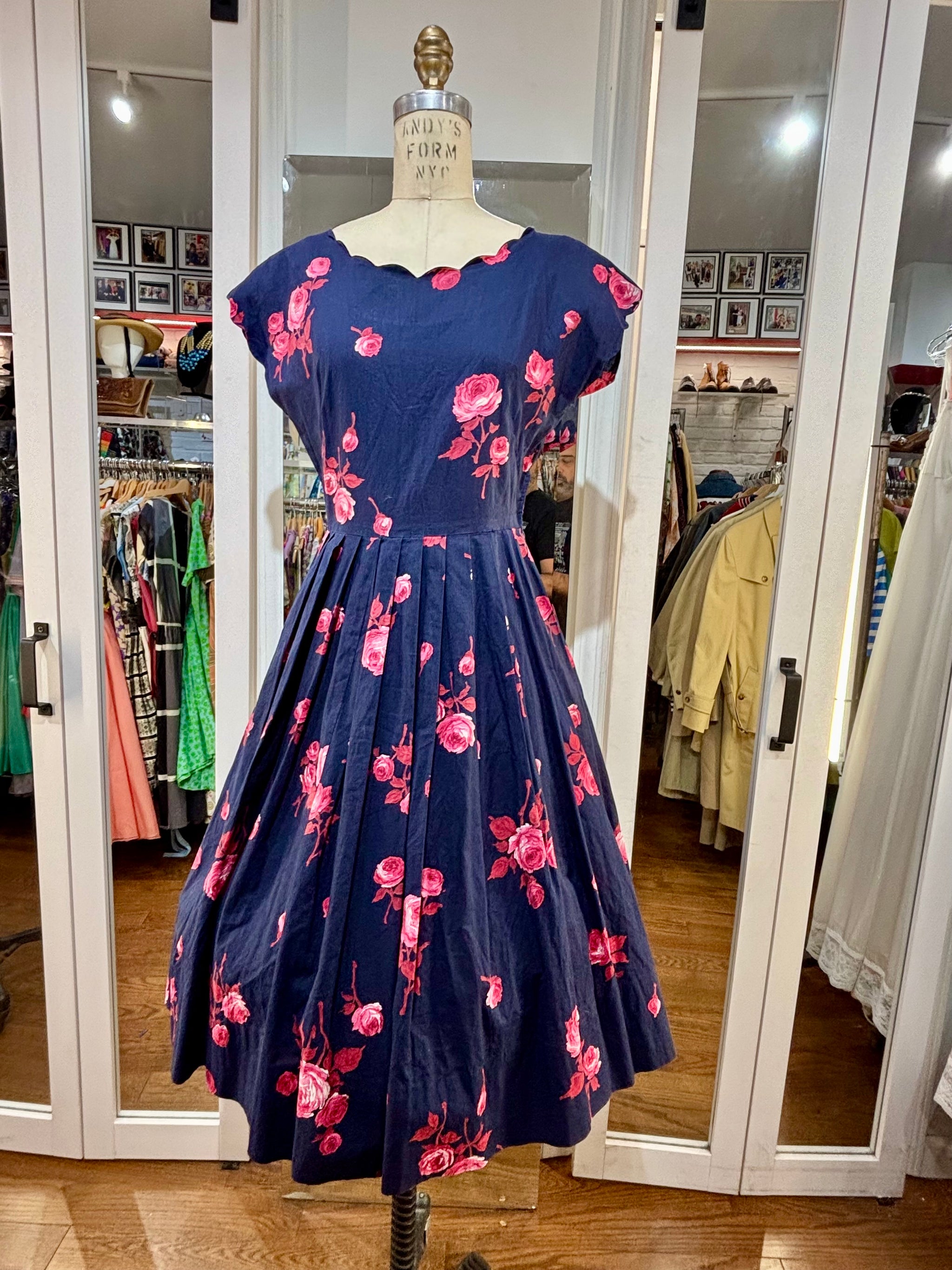 50's Navy With Pink Flower Fit And Flare Dress Hamlets Vintage 50's Navy With Pink Flower Fit And Flare Dress Hamlets Vintage