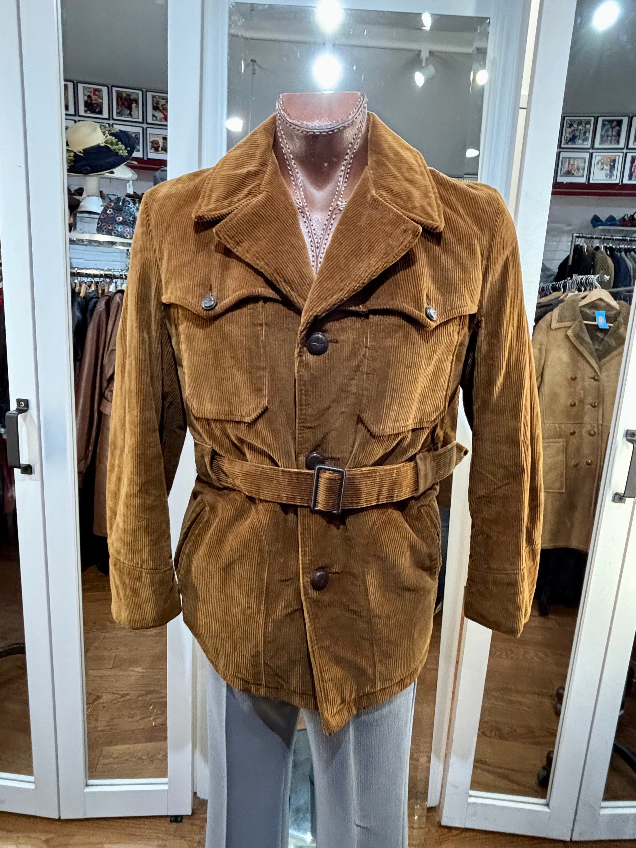 70's Brown Corduroy Belted Coat Featuring 4 Front Pockets By