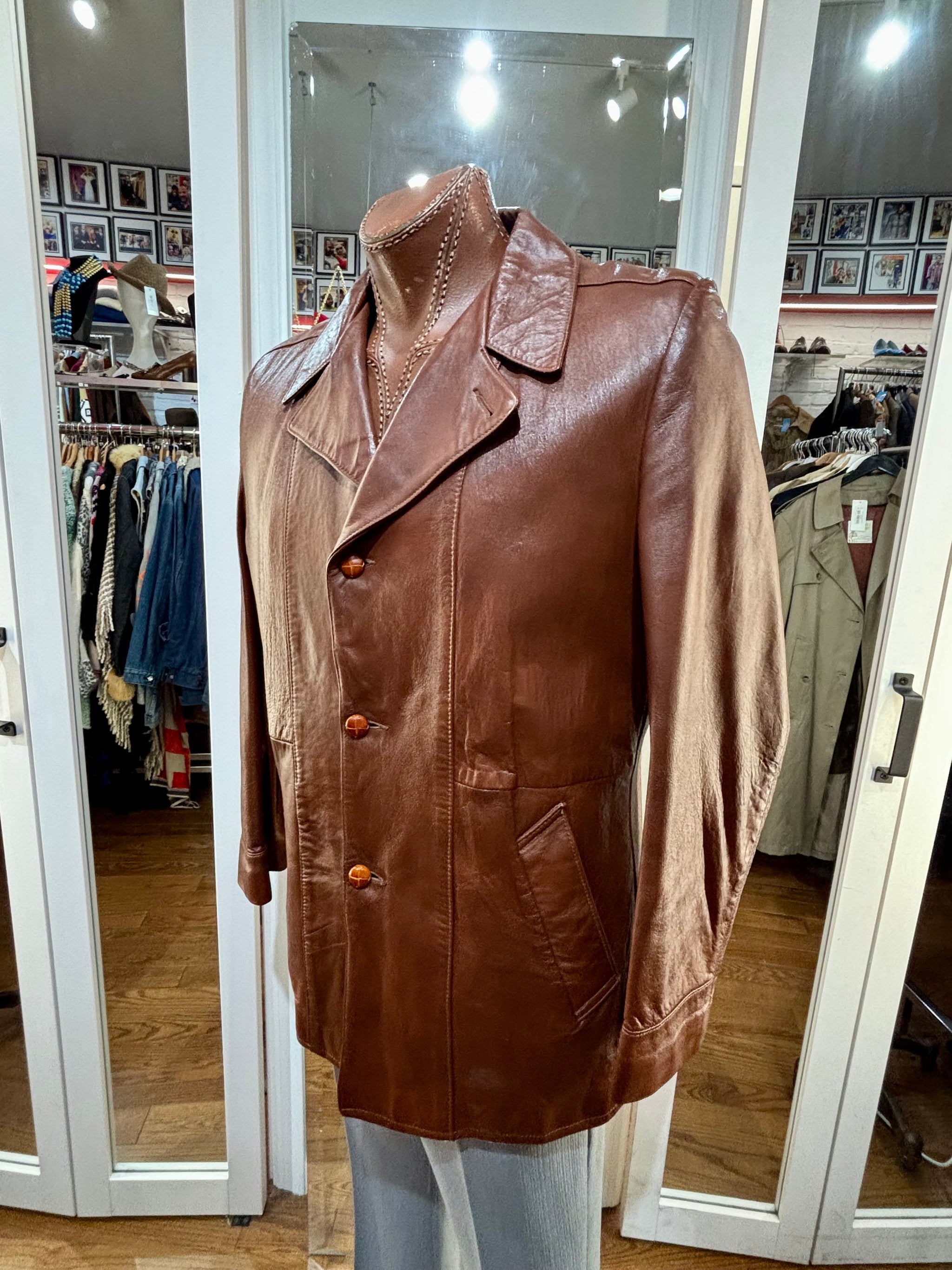 70's Brown Leather 3/4 Jacket By Angel Skin Cabretta Leather