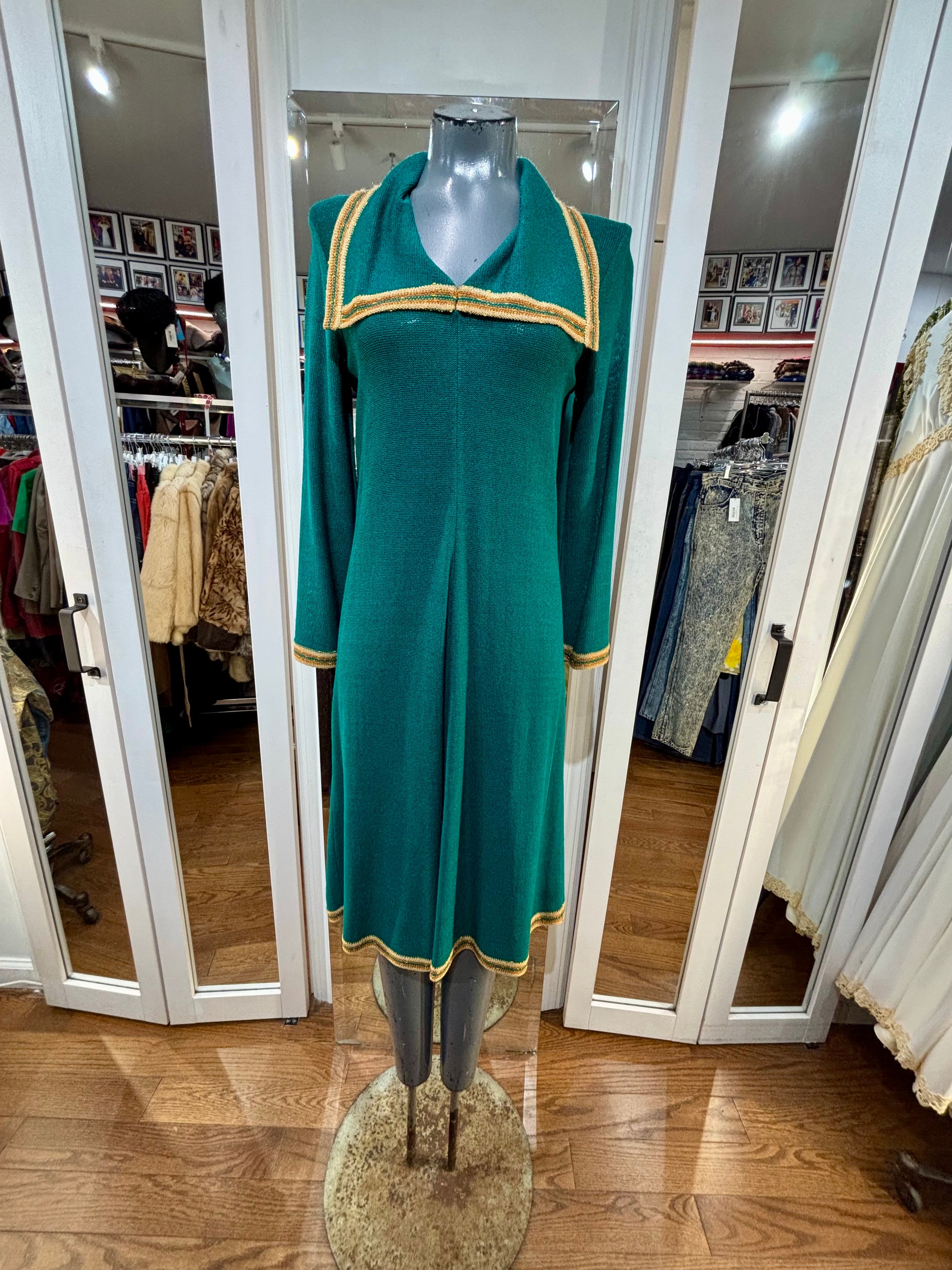 70's Kelly Green Long Sleeve Knit Dress With Gold Trimmings  Hamlets  Vintage