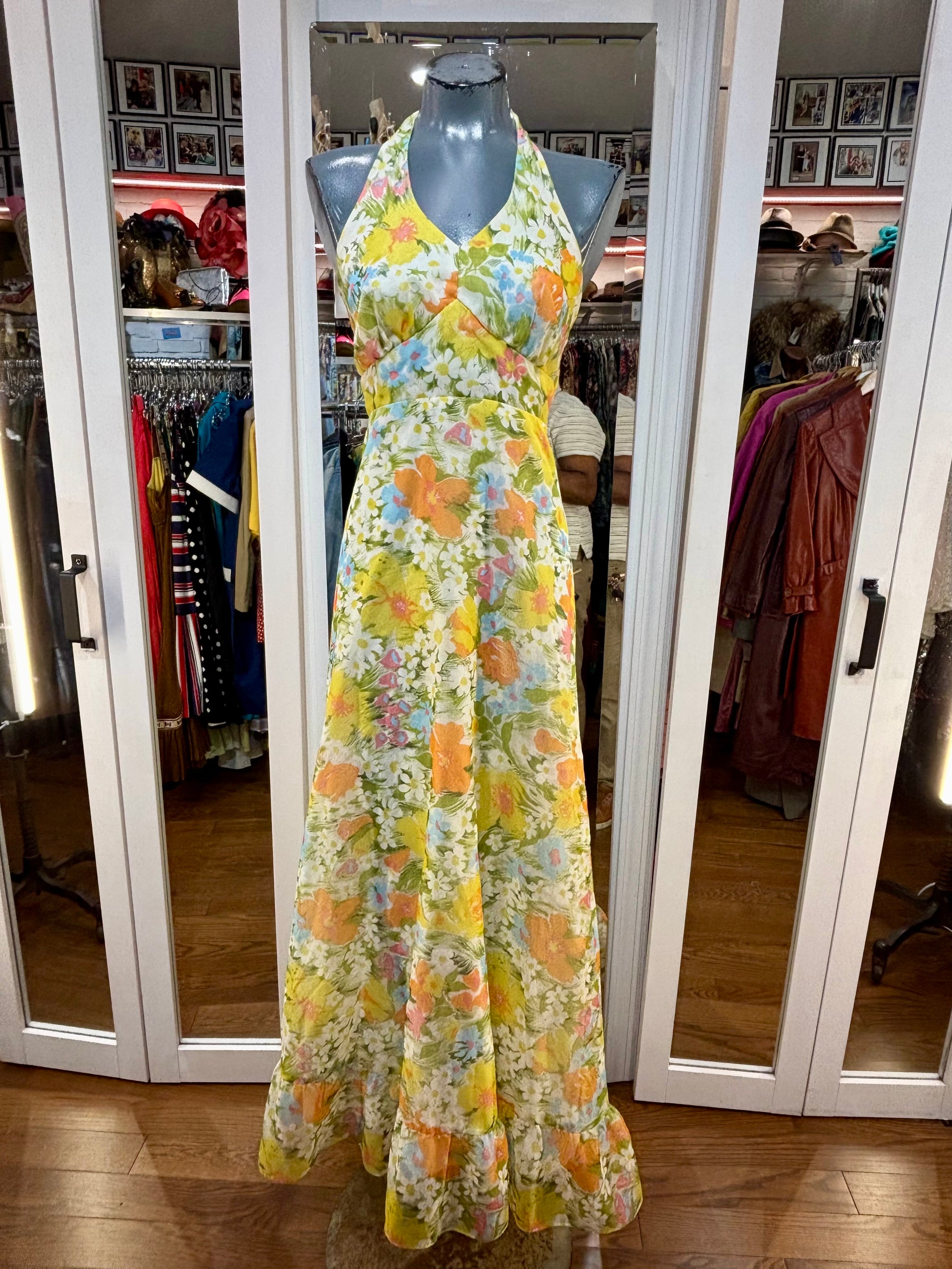 70's Yellow Sheer Multicolor Flower Print Halter Maxi Dress  Hamlets  Vintage