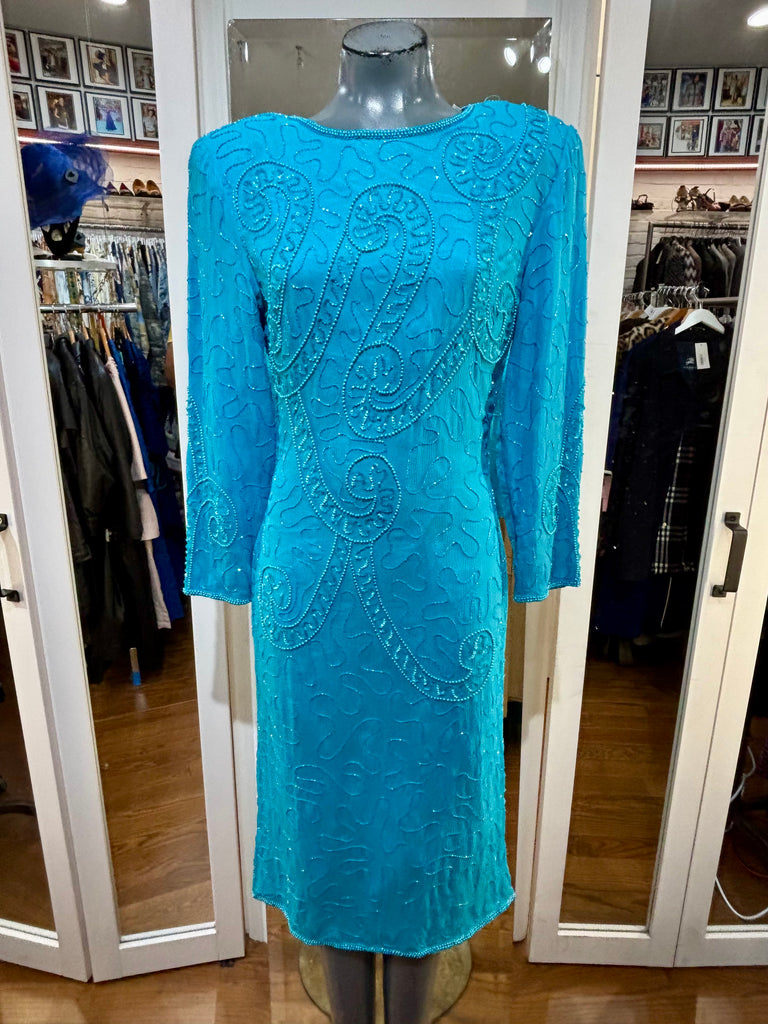 aqua long sleeve lace dress 80's Aqua Beaded Long Sleeve Dress By Agnes K – Hamlets Vintage