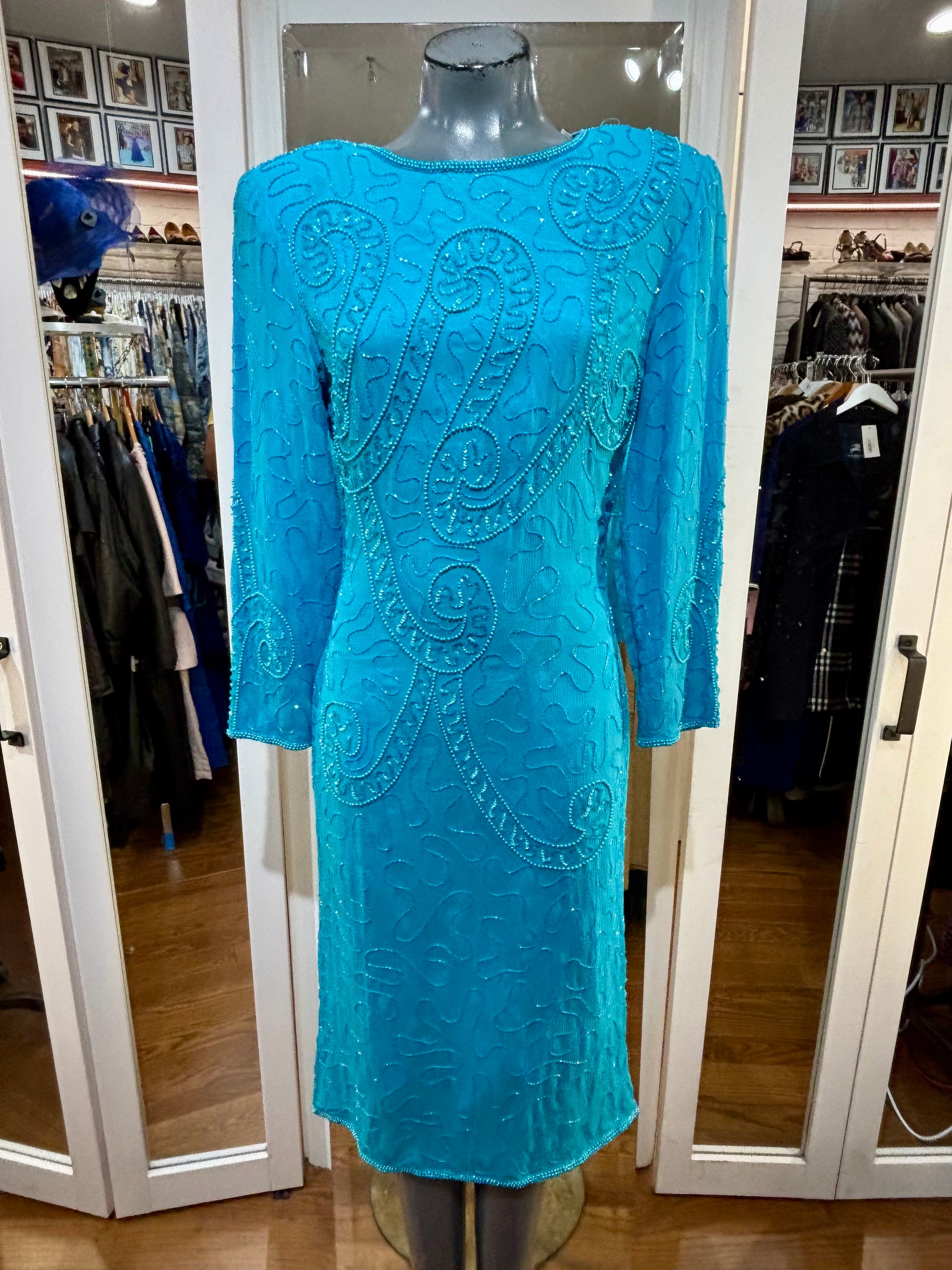 80's Aqua Beaded Long Sleeve Dress By Agnes K Hamlets Vintage 80's Aqua Beaded Long Sleeve Dress By Agnes K Hamlets Vintage