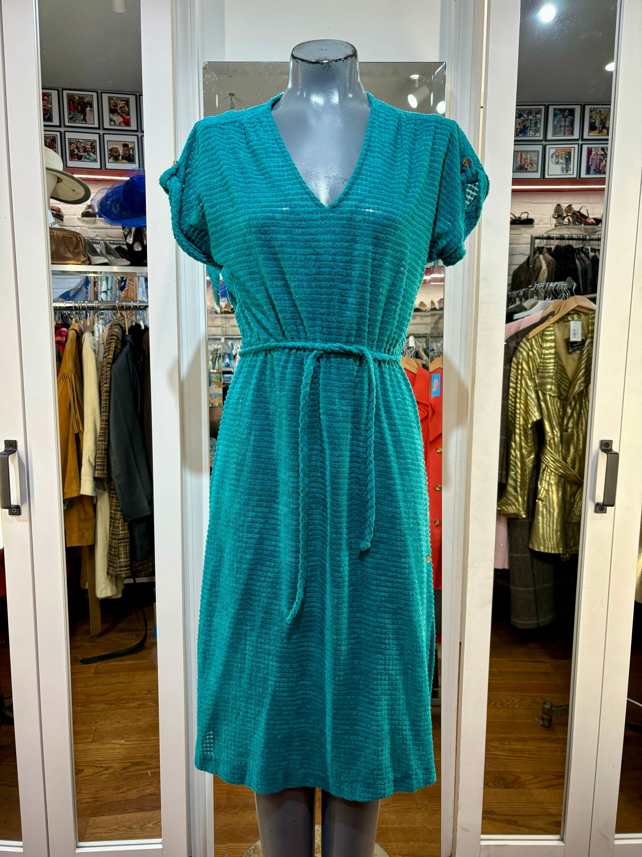 70’s Green Teal Cap Sleeve Terry Cloth Cinch Elastic Waist Dress