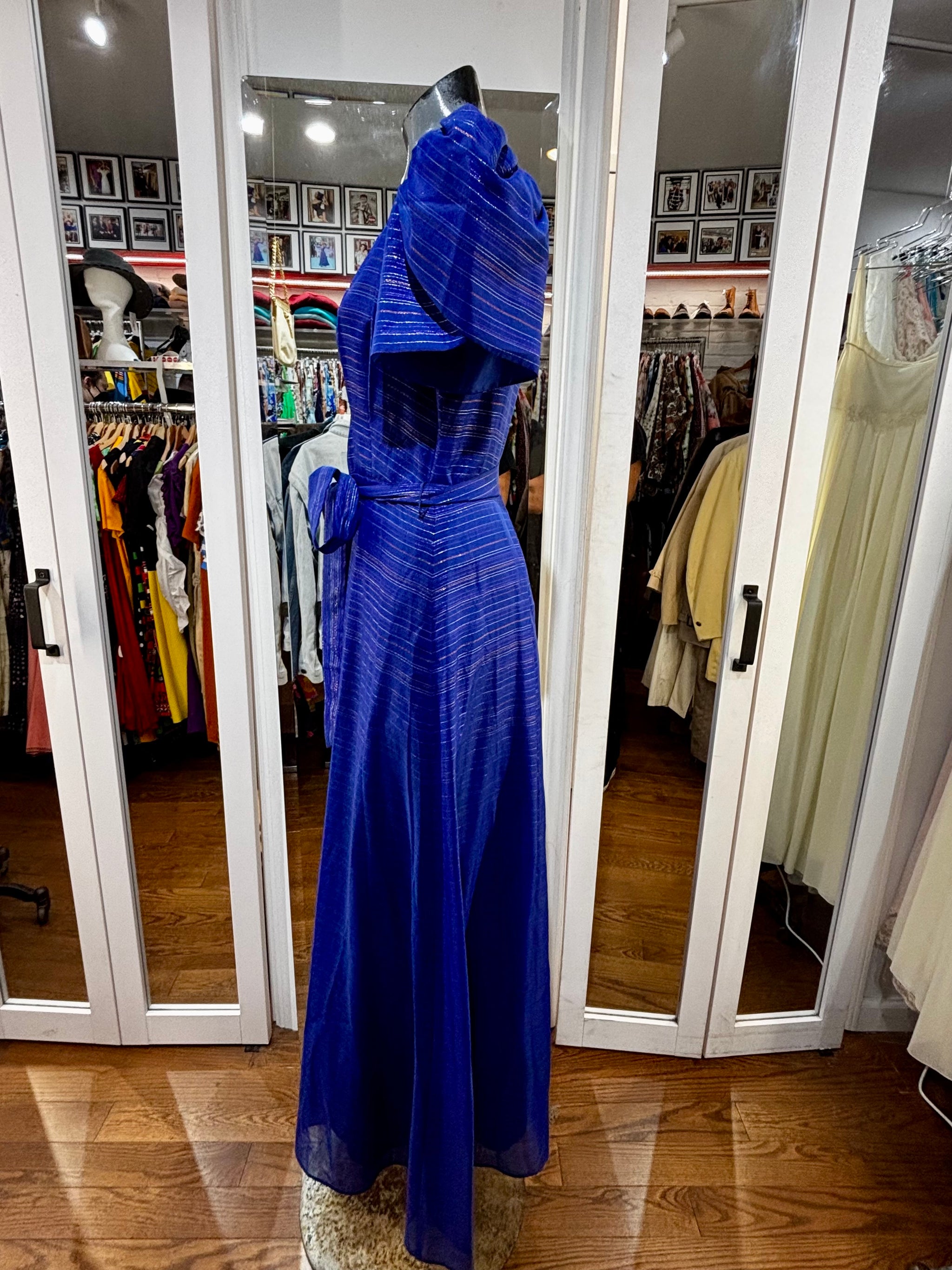 70's Royal Blue Multicolor Empire Waist Cap Layer Sleeve Maxi Dress   Hamlets Vintage