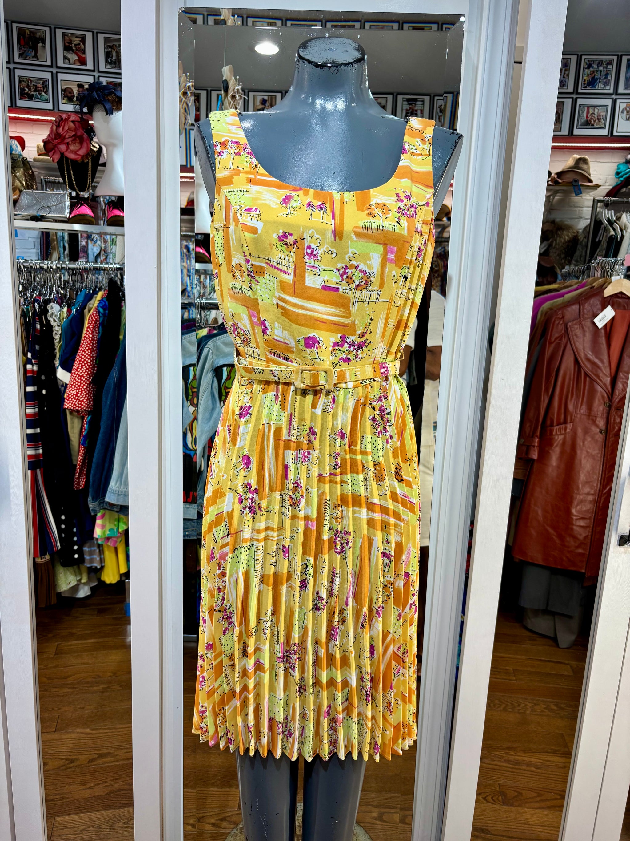 90’s Yellow Garden Scenery Print Fit & Flare Dress By Danny & Nicole