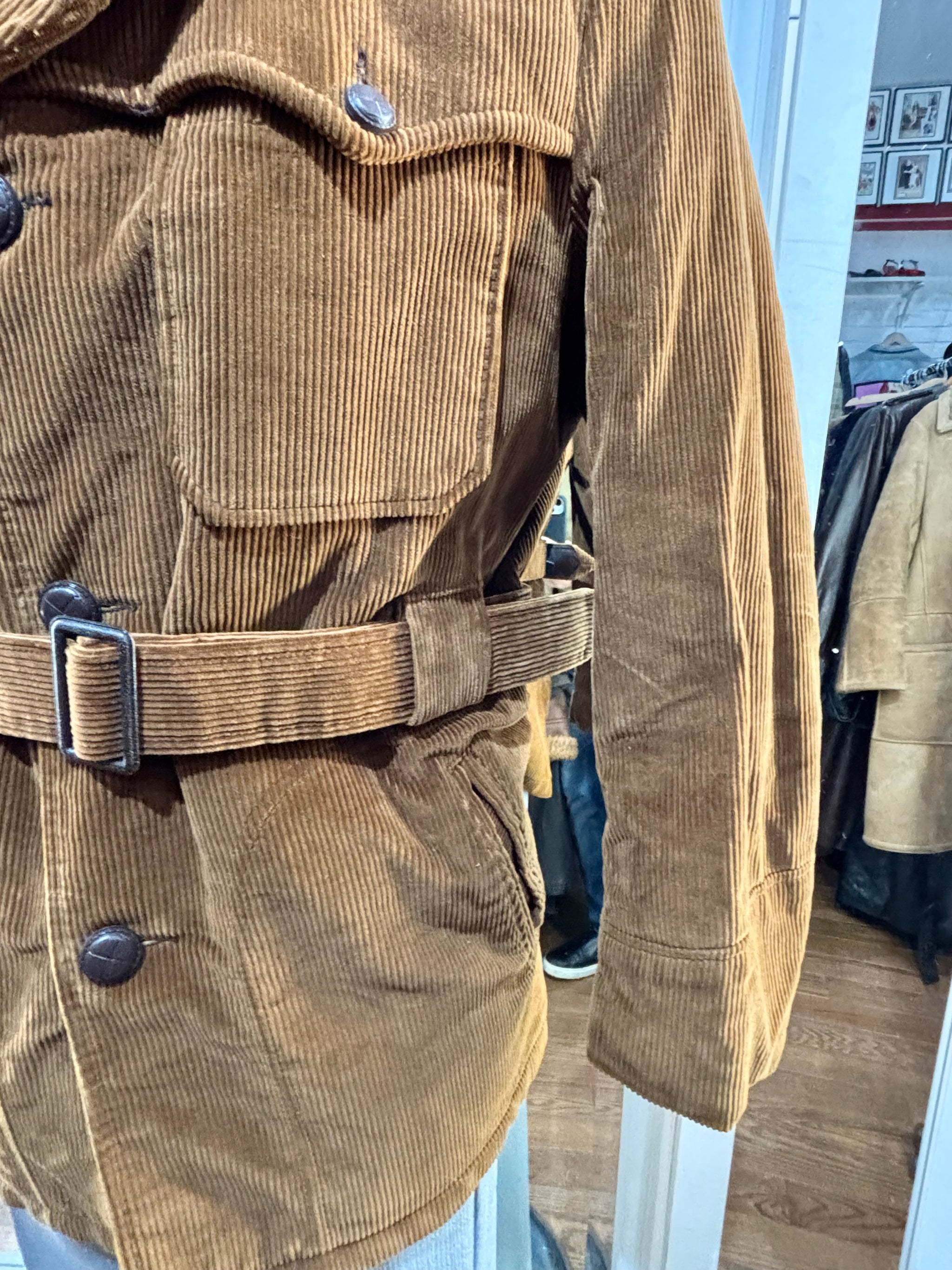 70's Brown Corduroy Belted Coat Featuring 4 Front Pockets By