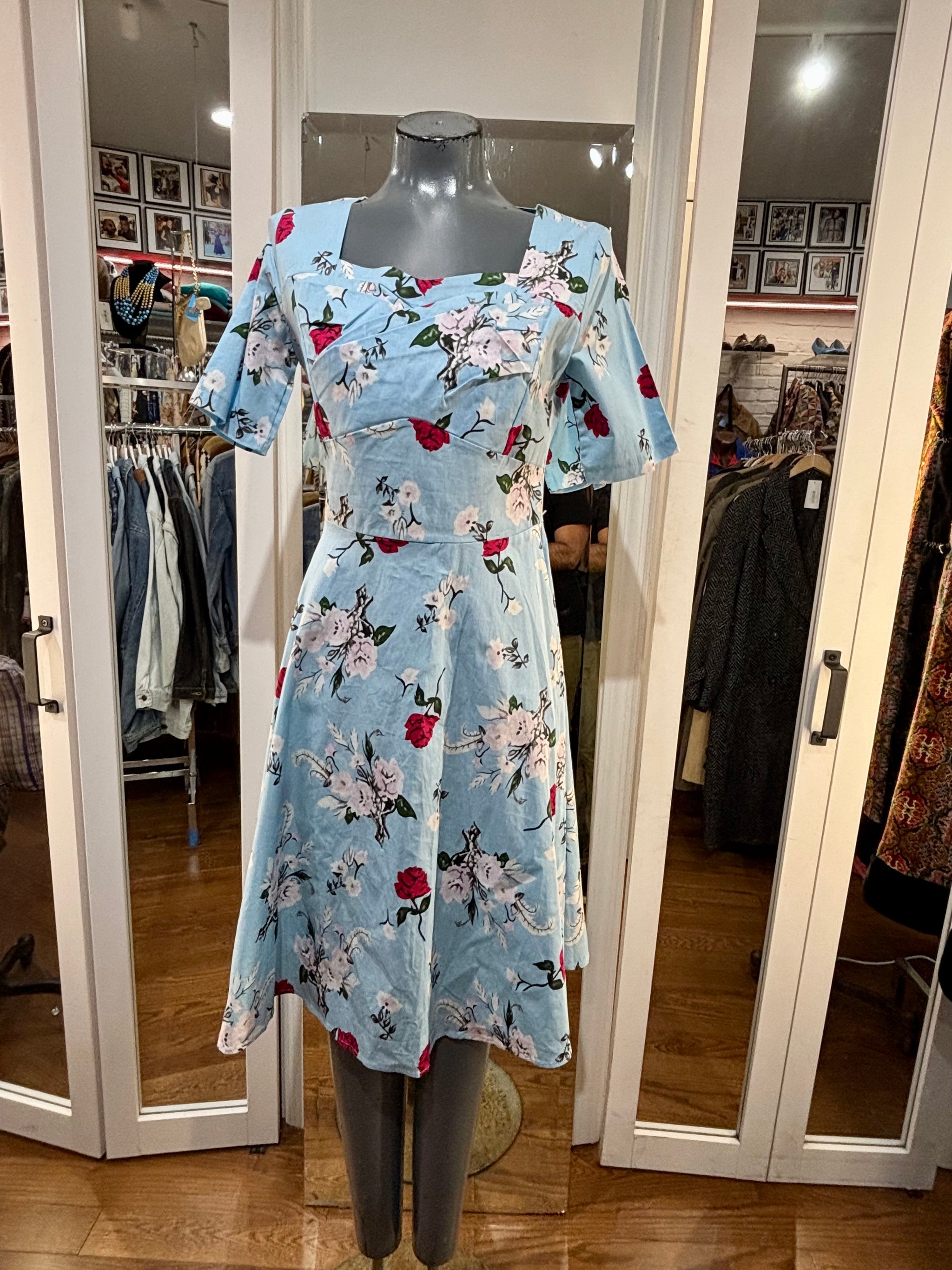 00's Going 60's Revival Blue Multicolor Flower Fit And Flair Dress –  Hamlets Vintage