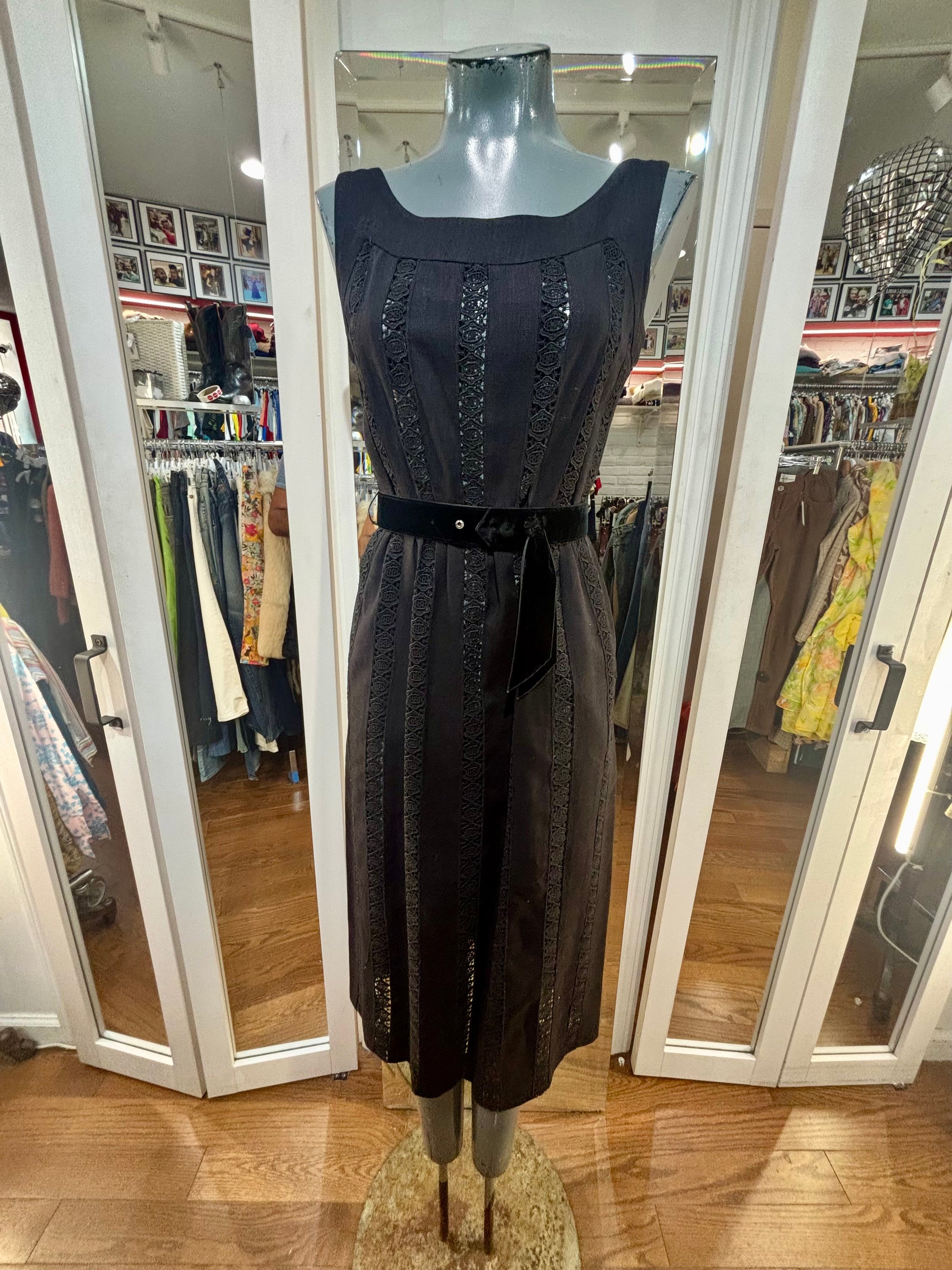 60’s Black Round Neck Strap Dress With Embroidered Front Panels By Carlye