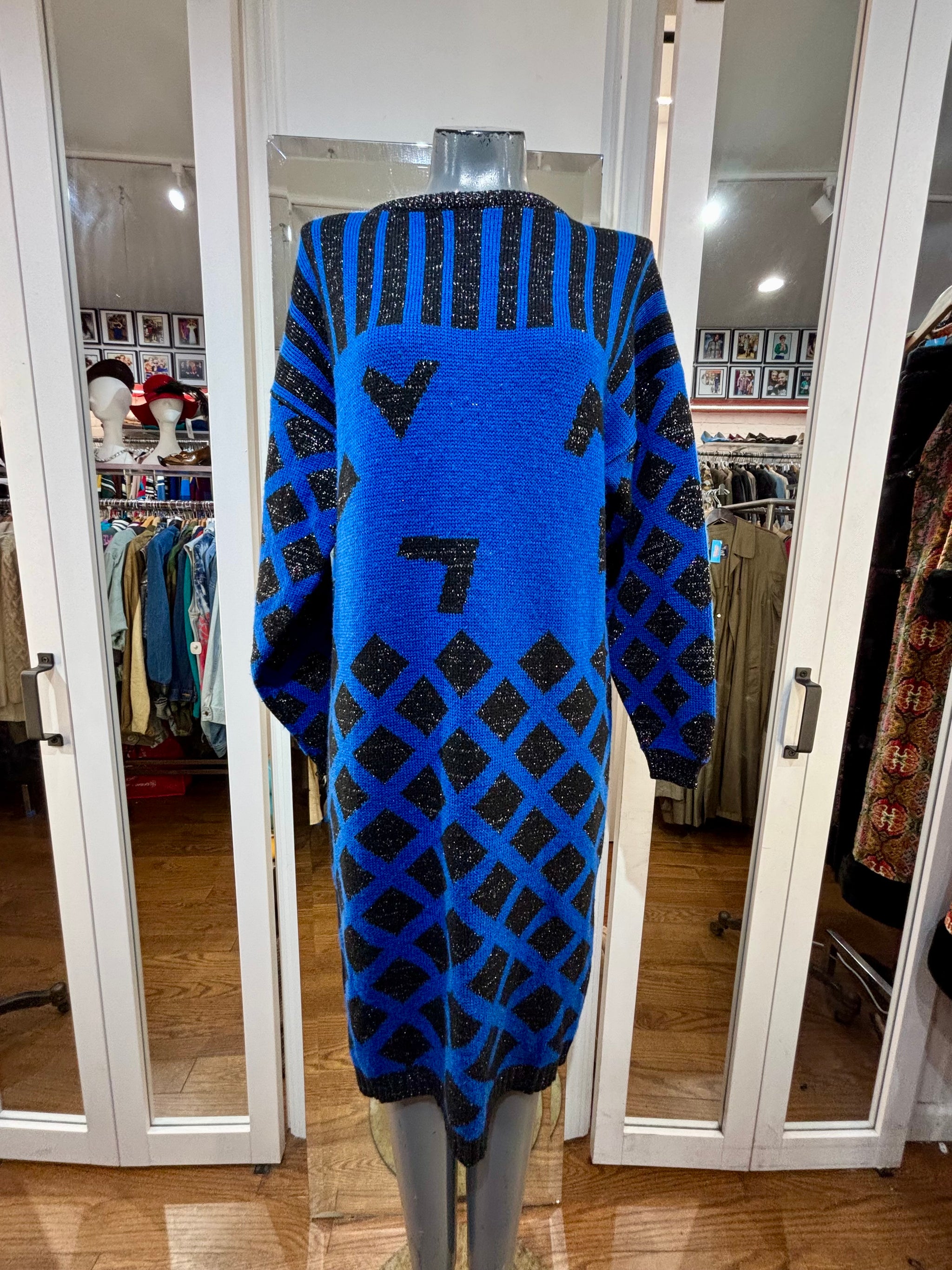 90’s Blue Black And Metallic Tones Knit Style Long Dress By Anita New York