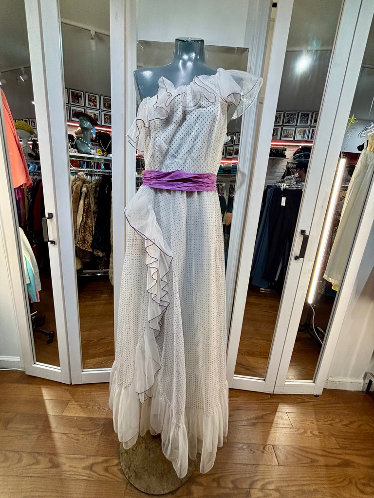 jcpenney maxi dresses 70's Off White And Purple One Shoulder Ruffle Details Dress By JC – Hamlets Vintage 240220_restock Color:Dusty blue Midi Length Millie Bobby Brown Stuns