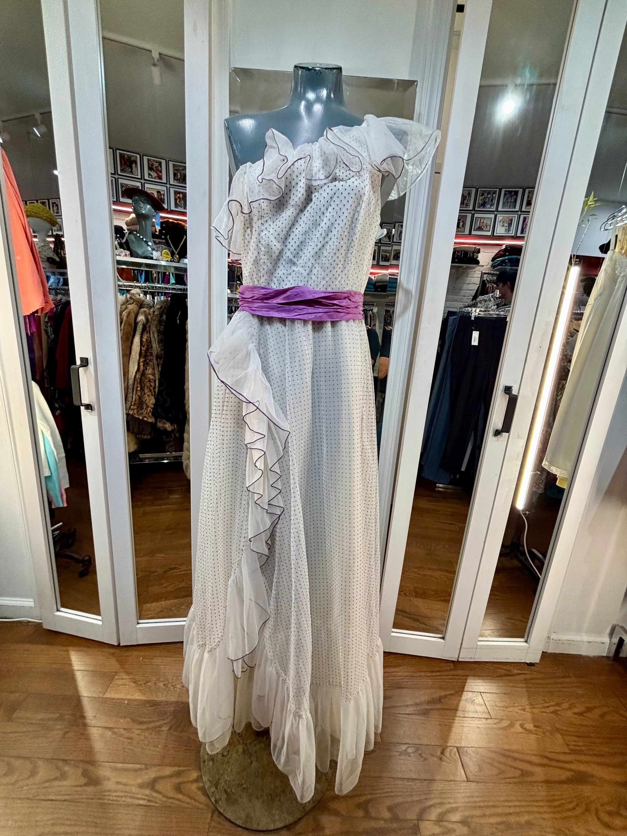 slim fit dress slacks 70's Off White And Purple One Shoulder Ruffle Details Maxi Dress By JC –  Hamlets Vintage