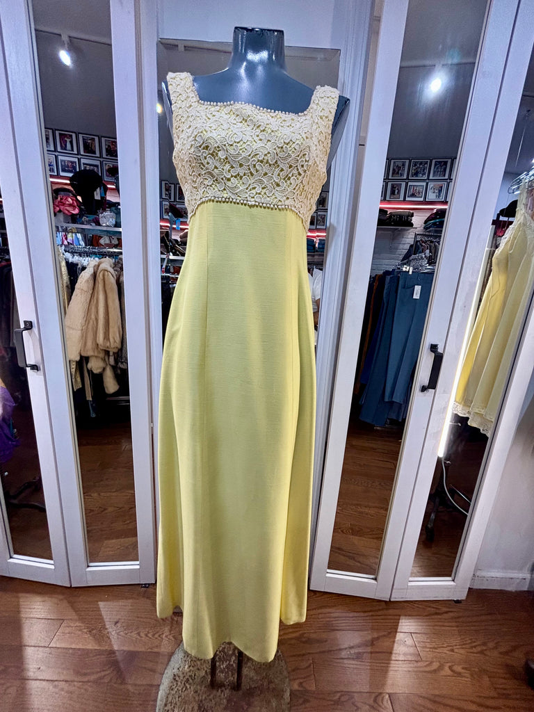 vintage empire waist dress 60's Yellow And Off White Maxi Empire Waist Dress With Lace Bust Detai –  Hamlets Vintage