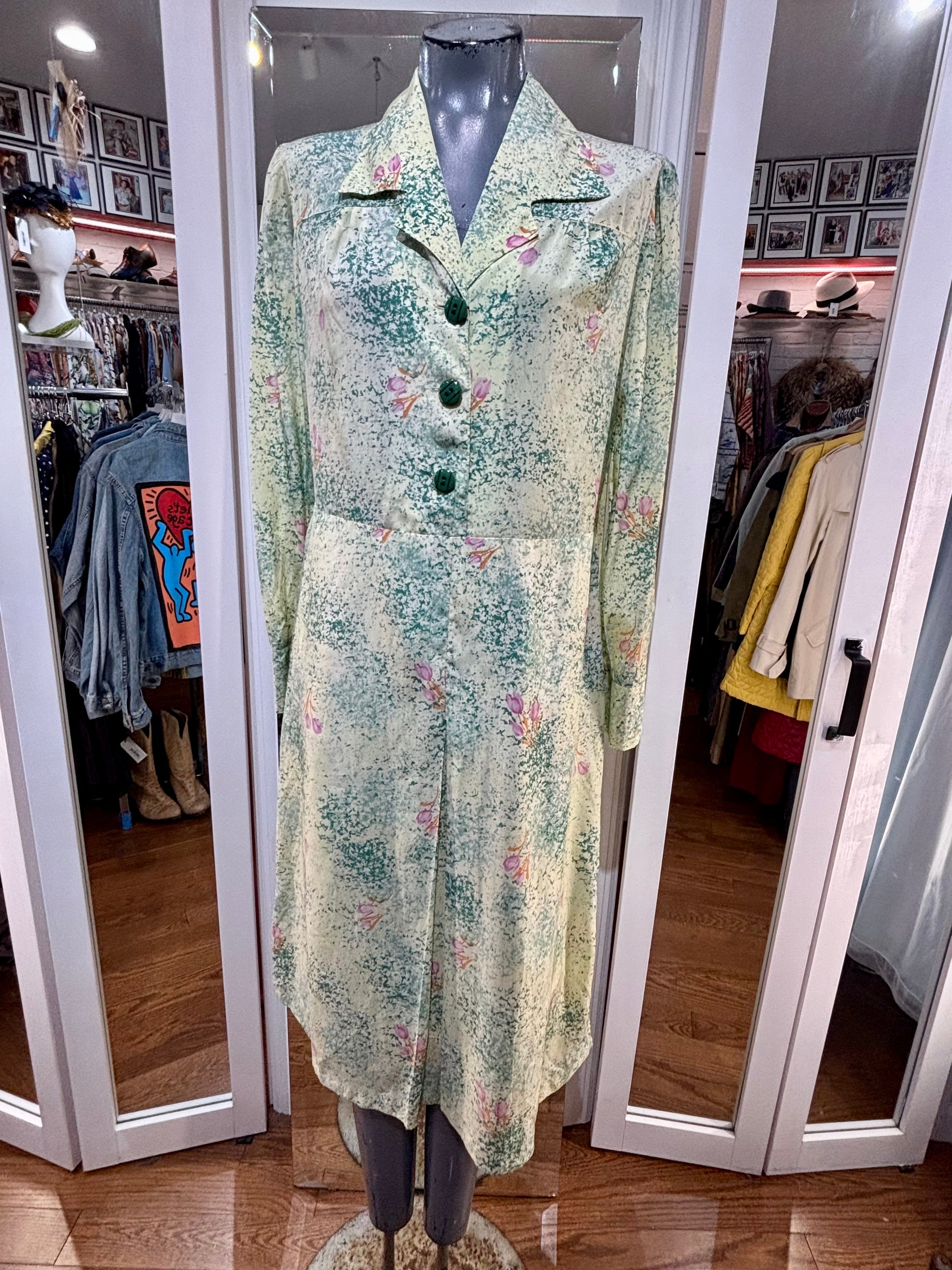 70's Pale Green Multicolored Pastel Flowers Print Maxi Dress By