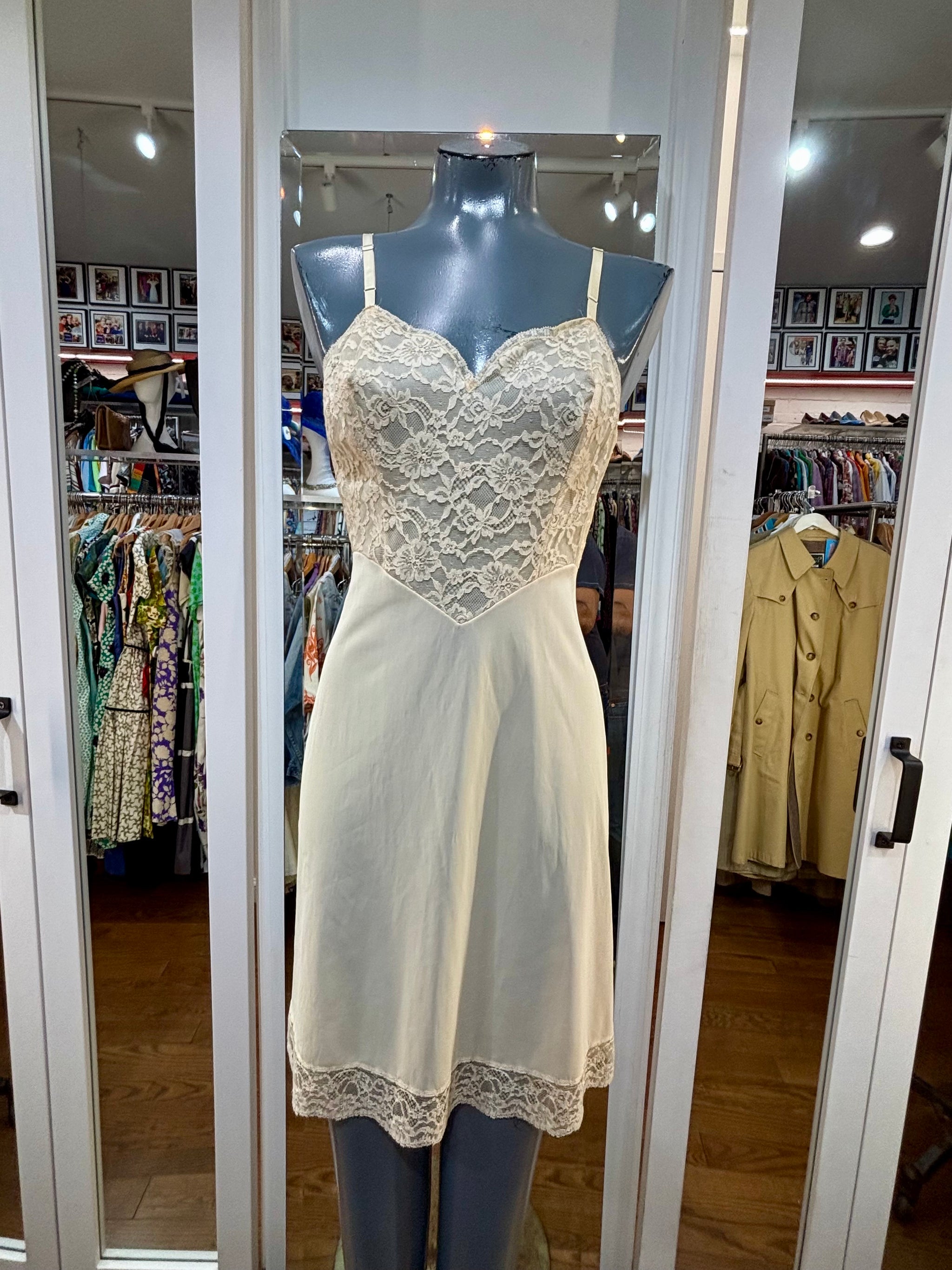 60s Beige Slip Dress Featuring Lace With Roses By Vanity Fair