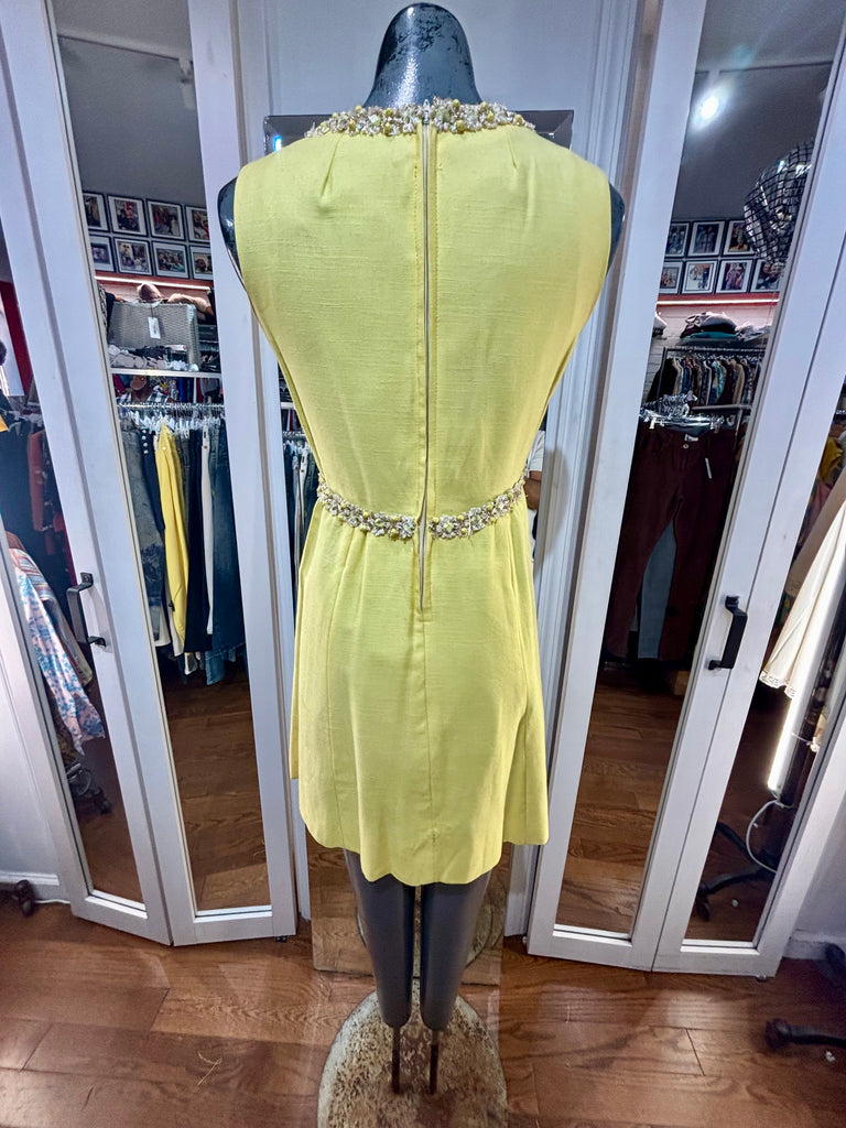 60's Yellow Empire Waist With Embroidered Detailing Silver Non Sleeve – Hamlets Vintage