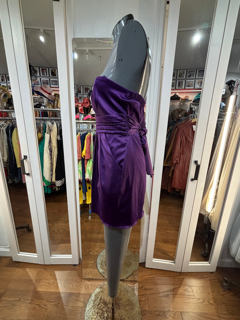 00’s Purple Strapless Mini Dress with Feathers - Hamlets Vintage