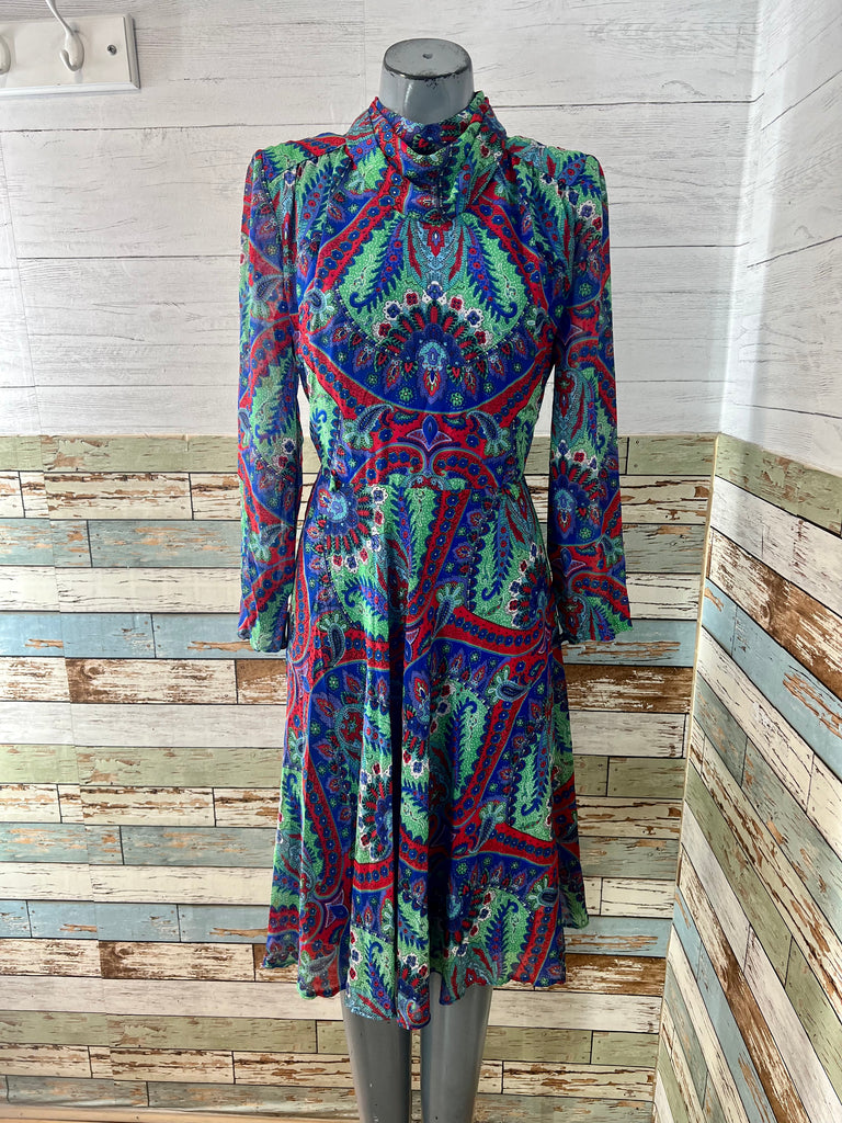 80s Green & Blue Multicolor Long Sleeve High Neck Dress By Schworm Mod Hamlets Vintage 80s Green & Blue Multicolor Long Sleeve High Neck Dress By Schworm Mod Hamlets Vintage