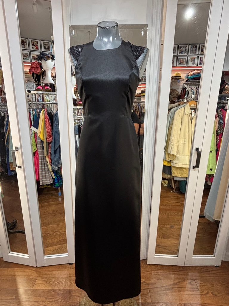 00’s Black Open Back Maxi Gown with Lace - Hamlets Vintage