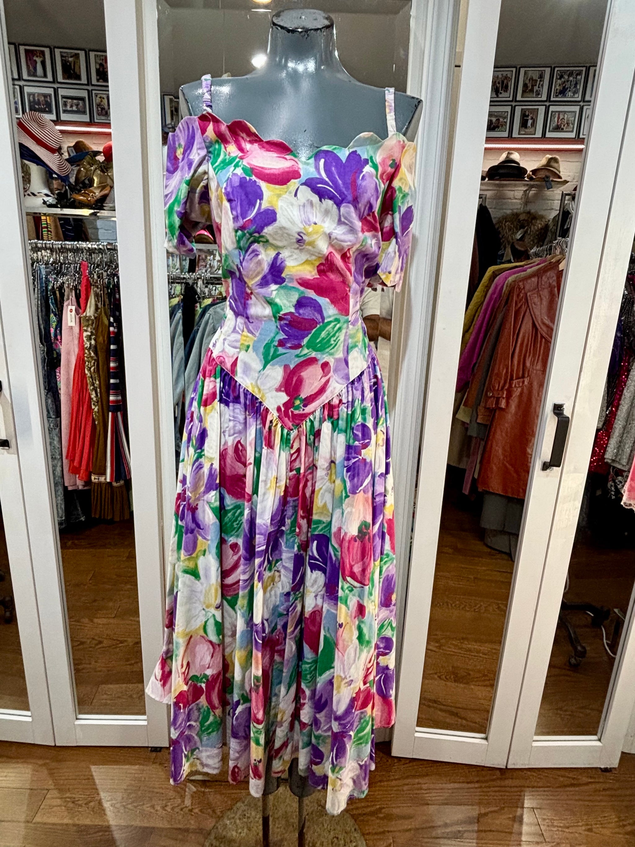 80’s Multicolor Flower Garden Print Dress By Robbie Bee