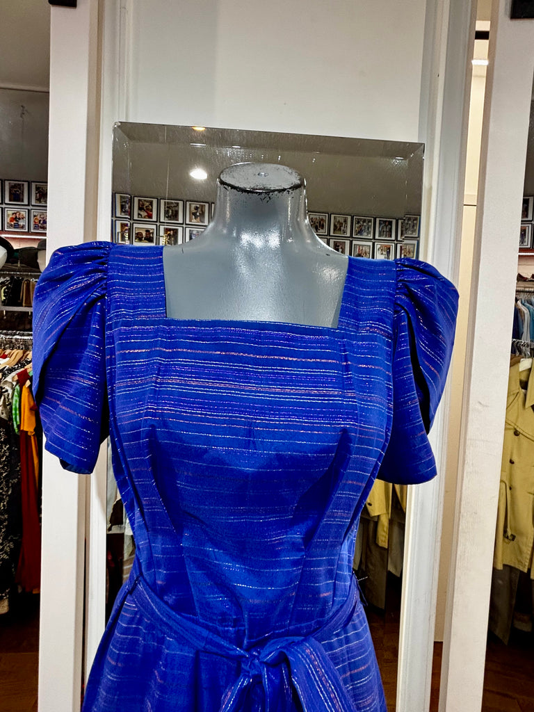 70's Royal Blue Multicolor Empire Waist Cap Layer Sleeve Maxi Dress Hamlets Vintage 70's Royal Blue Multicolor Empire Waist Cap Layer Sleeve Maxi Dress Hamlets Vintage