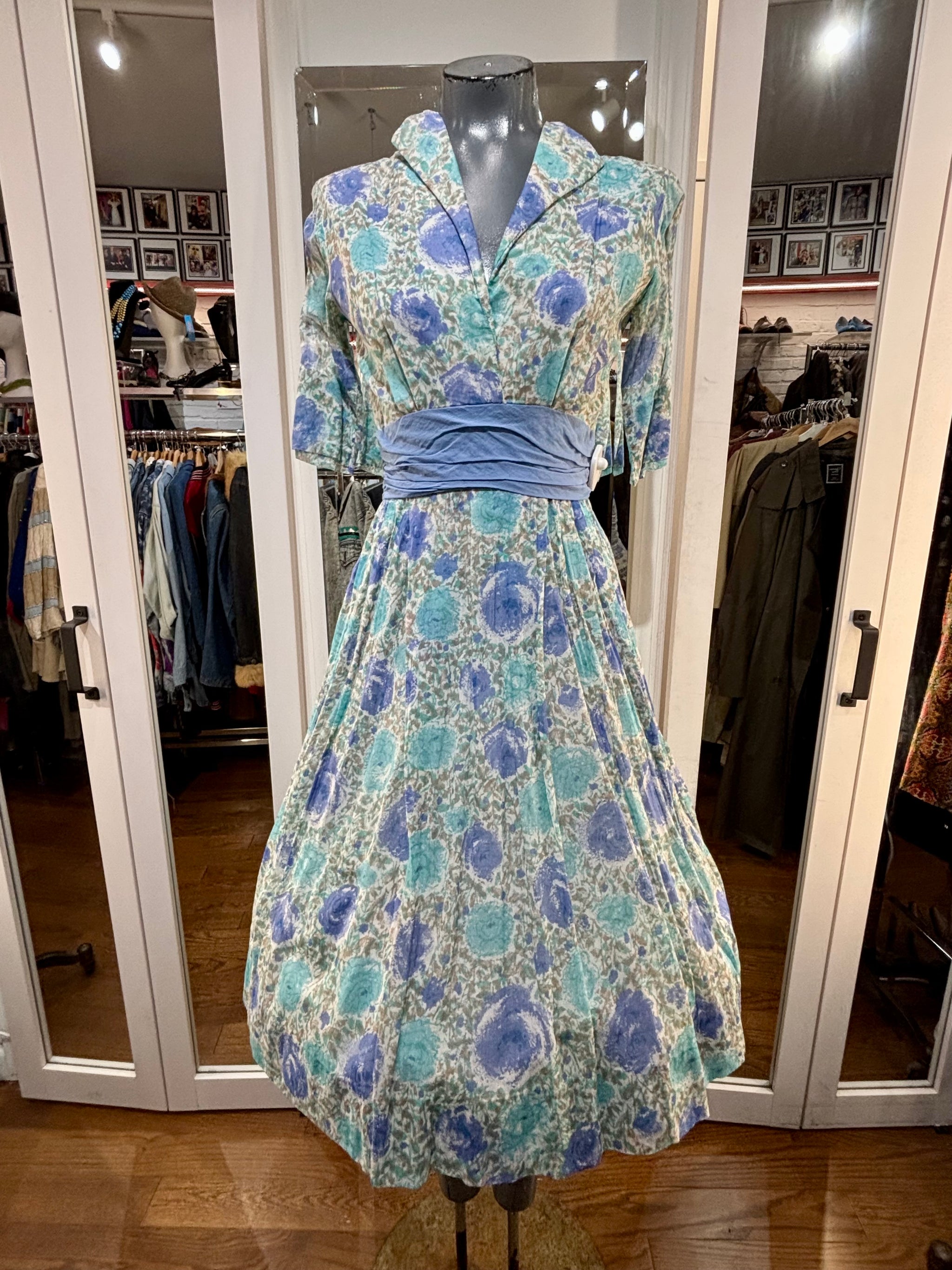 slim fit dress slacks 50’s Pale Blue Print Flower’s Fit & Flare Dress By Miss Elliette California