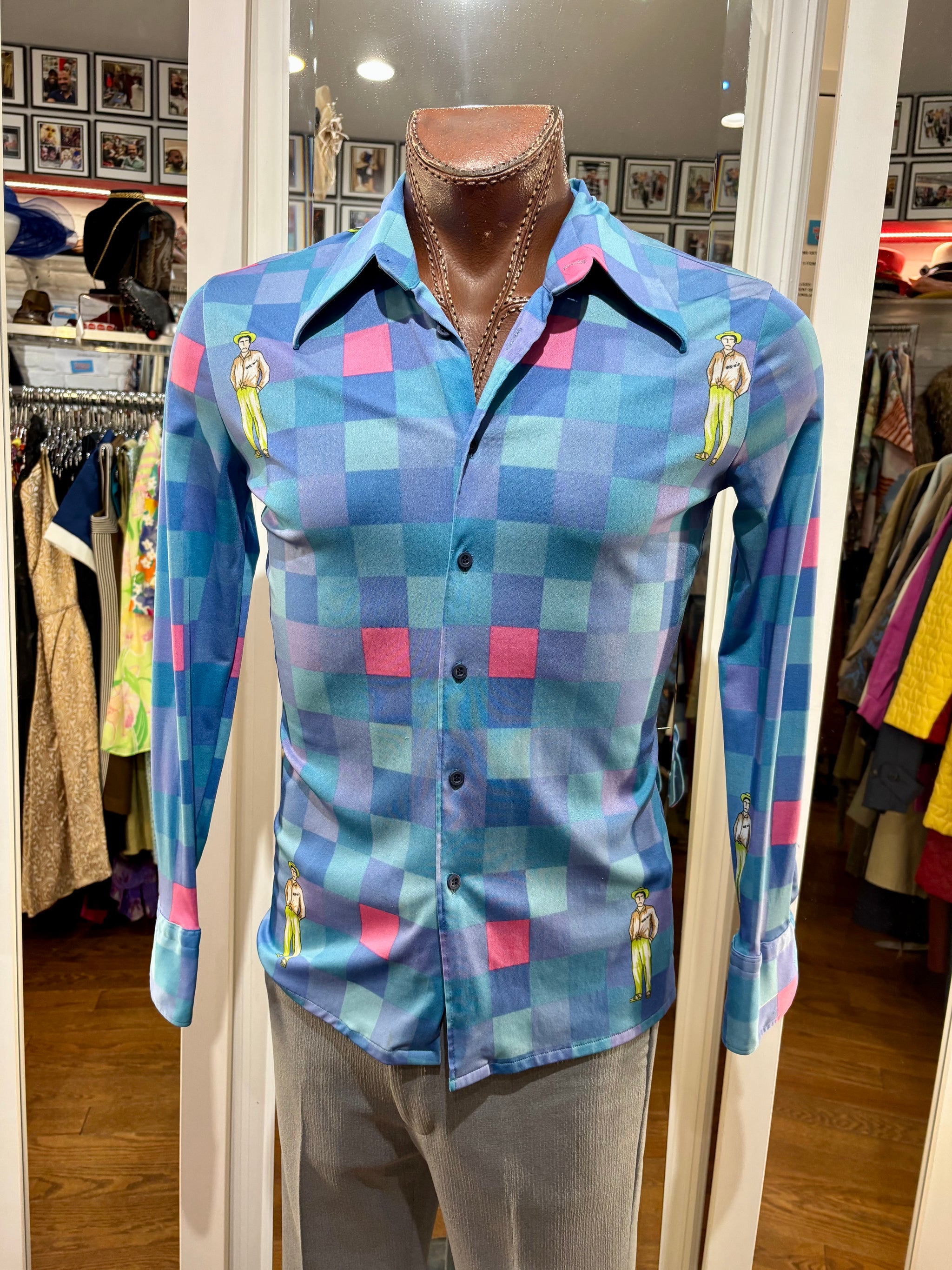 70's Blue Multicolor Squares And Cowboy Print Disco Shirt By Nik Nik –  Hamlets Vintage