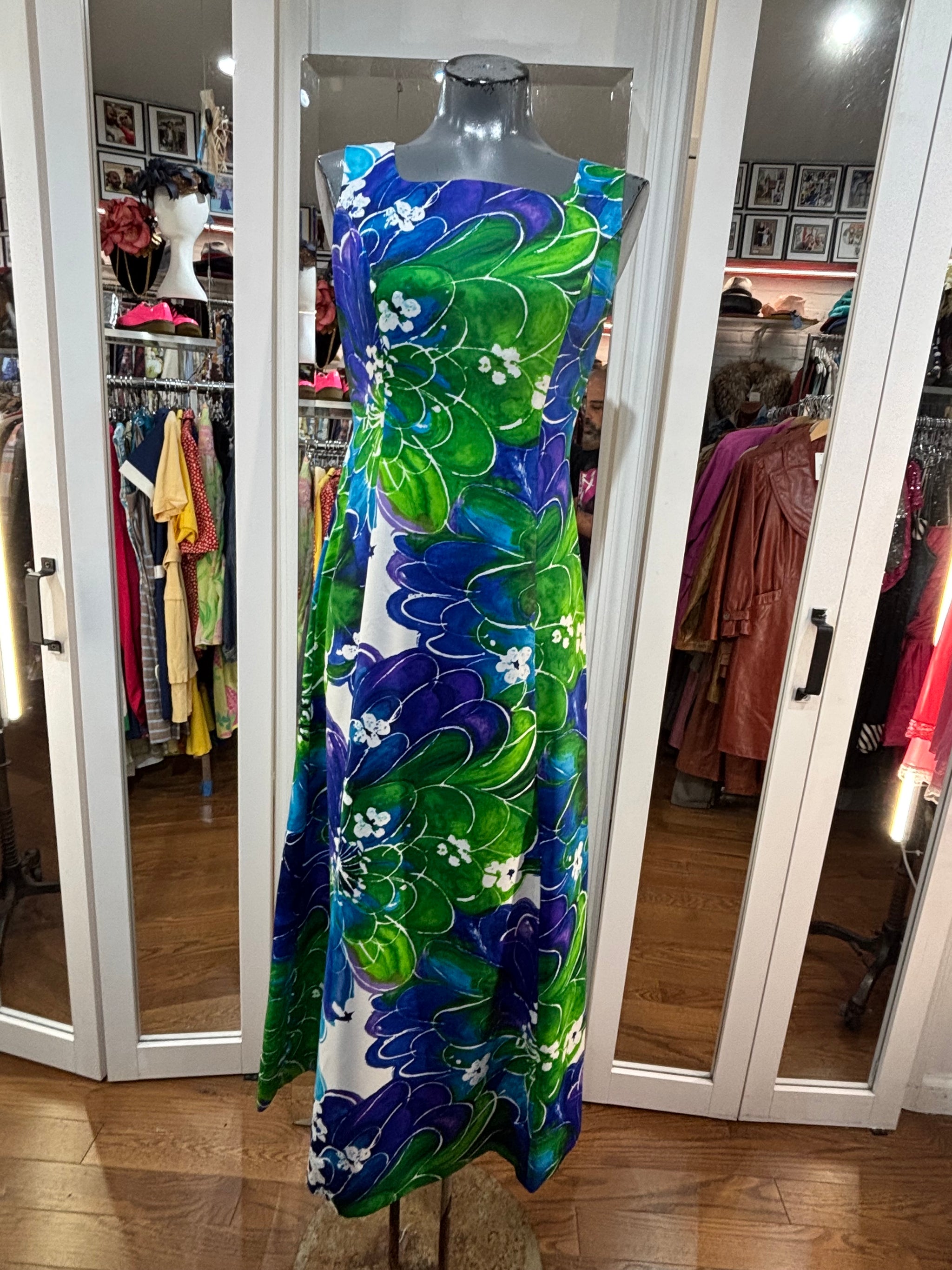Fleuriセット 60's Blue And Green Hawaii Flower Print Maxi Dress By Tori Richard