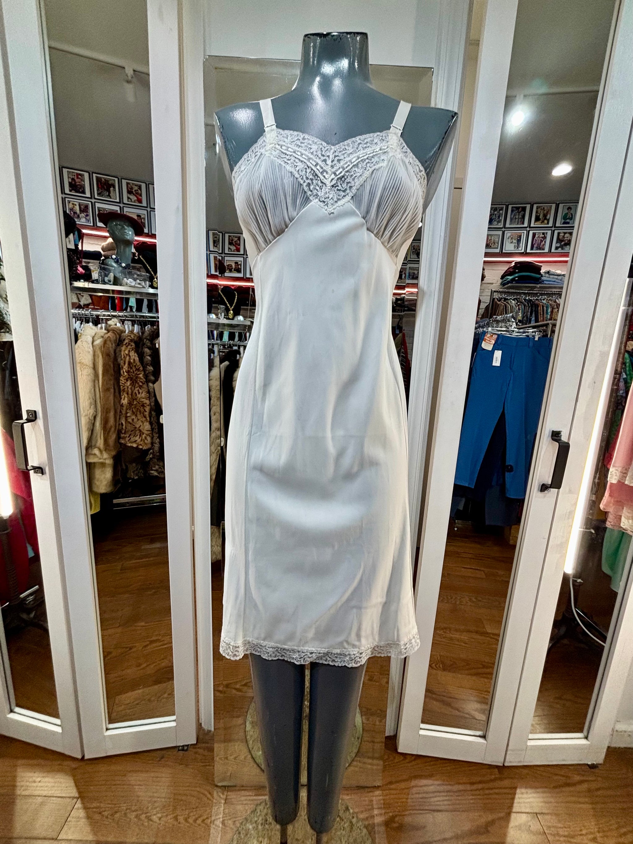 white slip dress short 60's Off White Slip Dress With Lace Detailing By Charmode – Hamlets Vintage