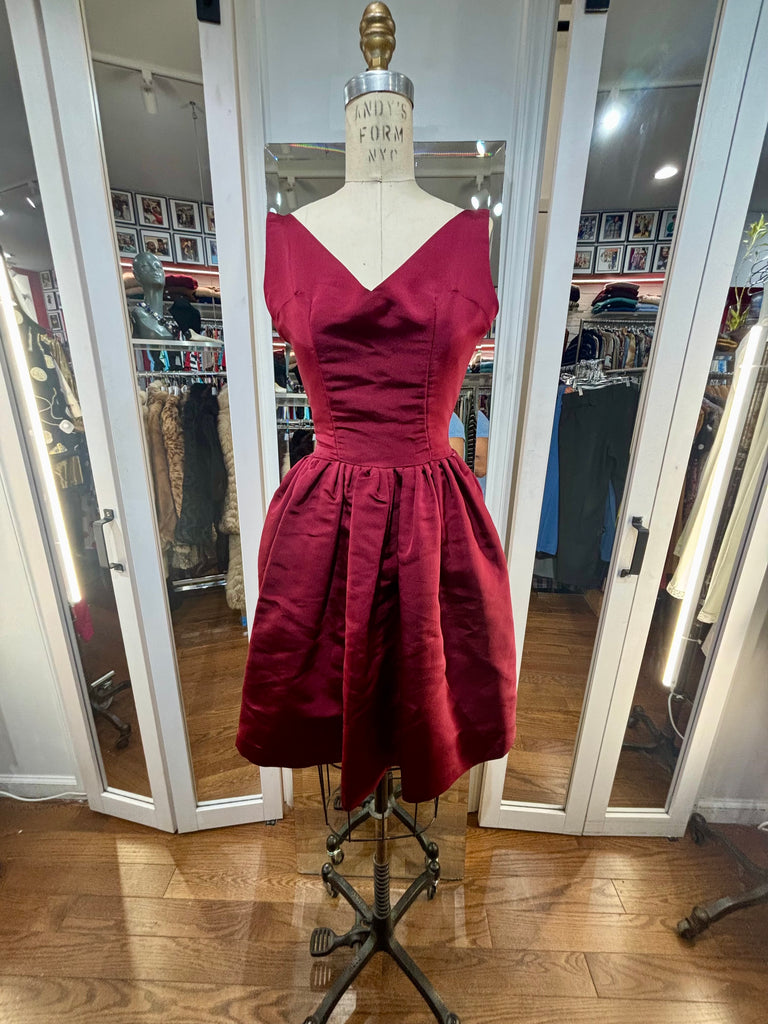 90’s Wine Red V Neck Fit & Flare Mini Dress