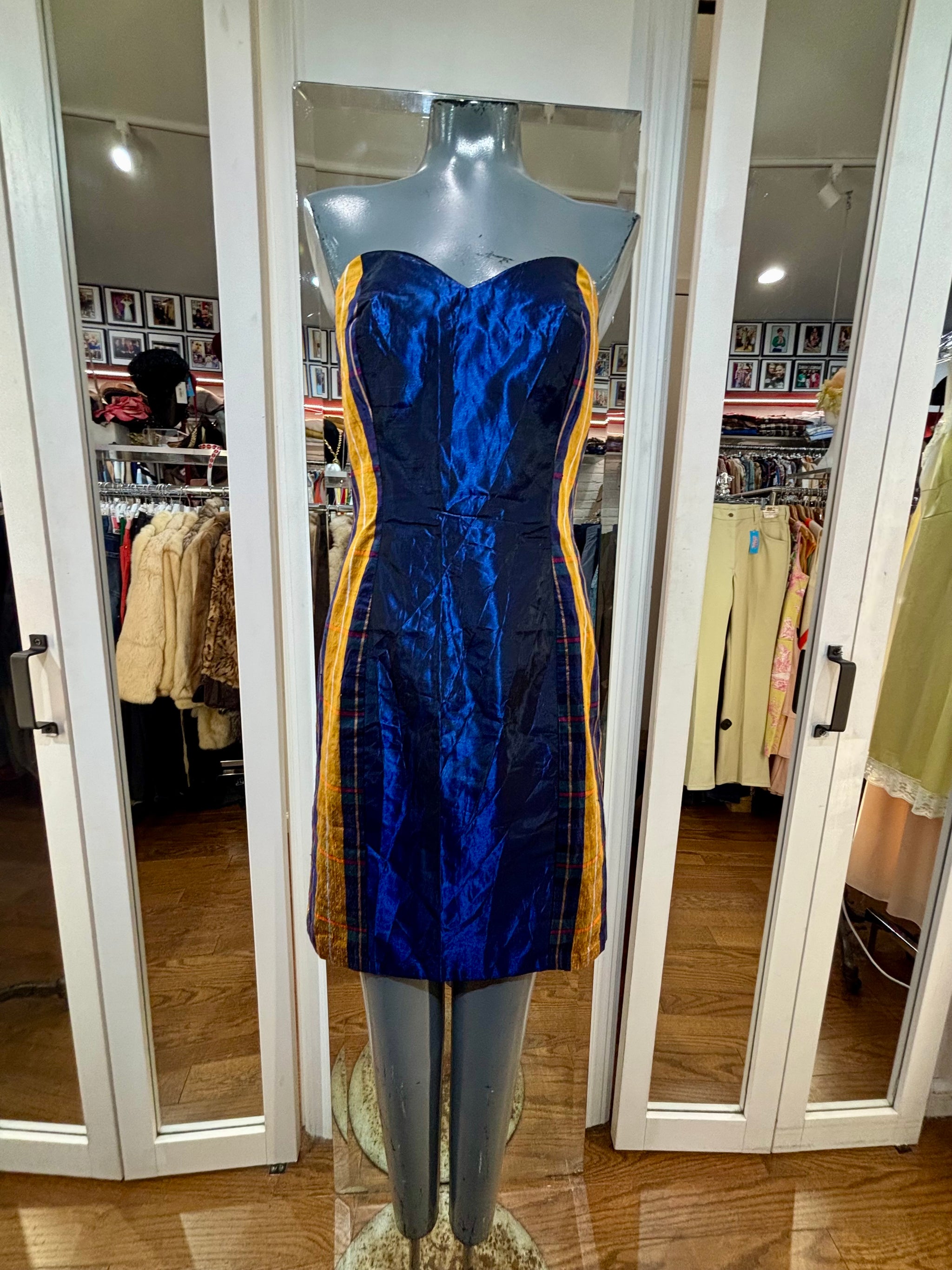 90’s Blue And Bronze Sized Panels Color Block Strapless Dress