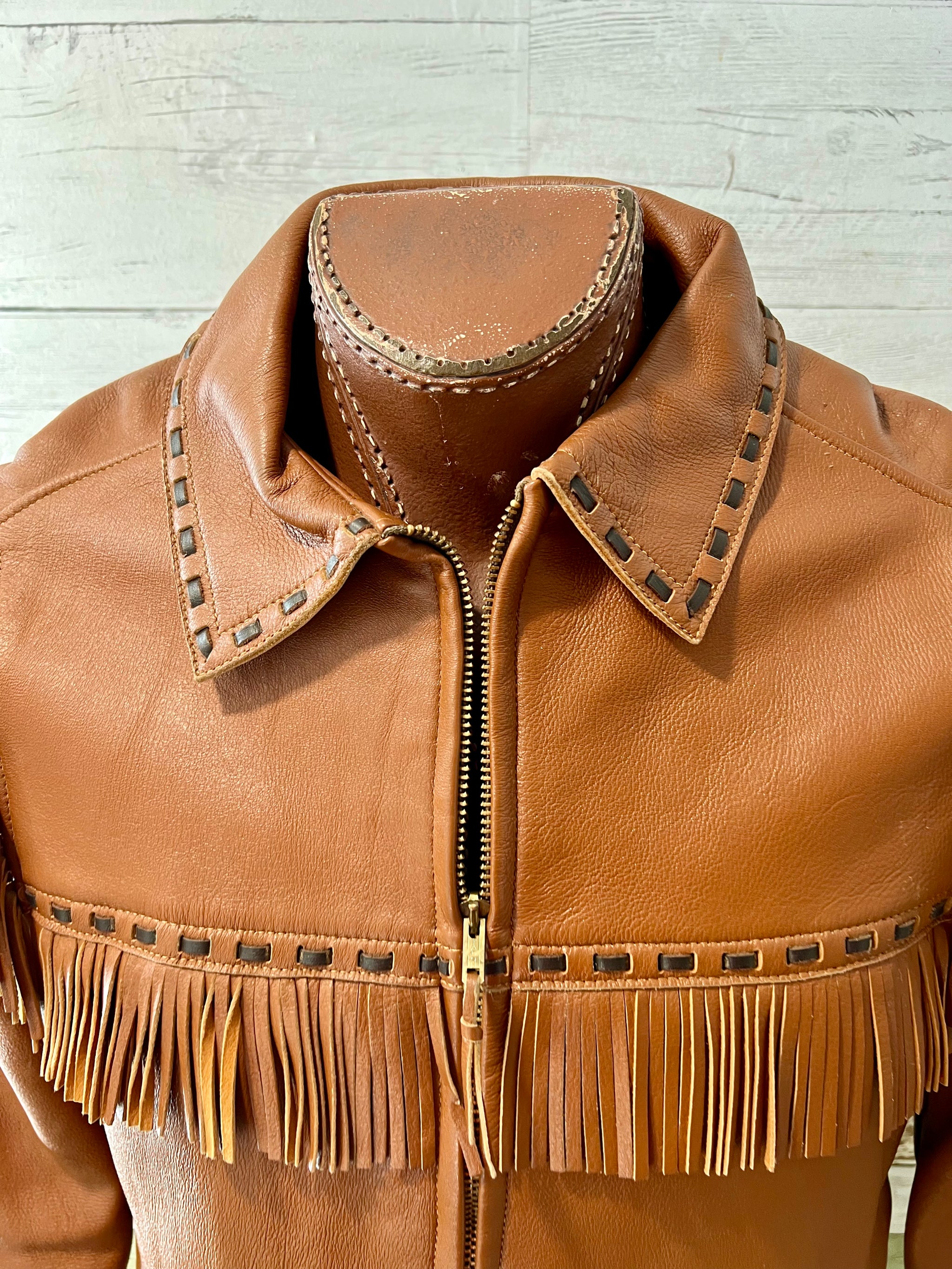 70's Brown And Black Fringe Leather Jacket By W. B. Place & Co