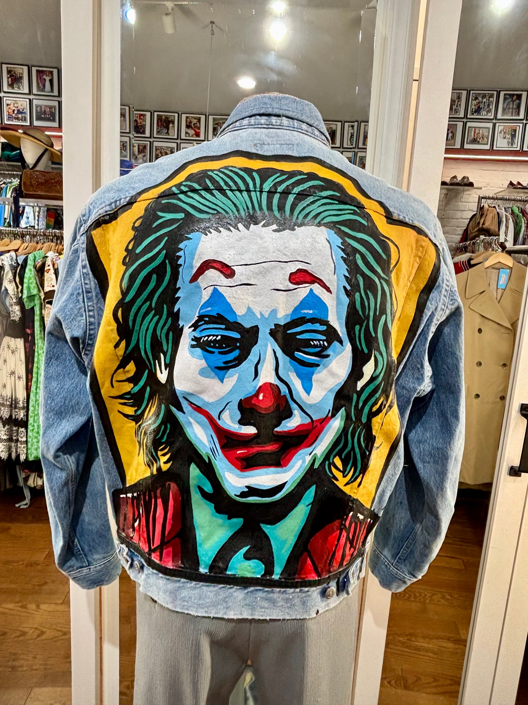 00’s Light Blue Italian Custom Hand Painted Denim Jacket Inspired By The Joker Movie