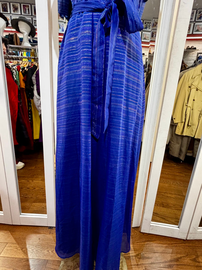 70's Royal Blue Multicolor Empire Waist Cap Layer Sleeve Maxi Dress Hamlets Vintage 70's Royal Blue Multicolor Empire Waist Cap Layer Sleeve Maxi Dress Hamlets Vintage